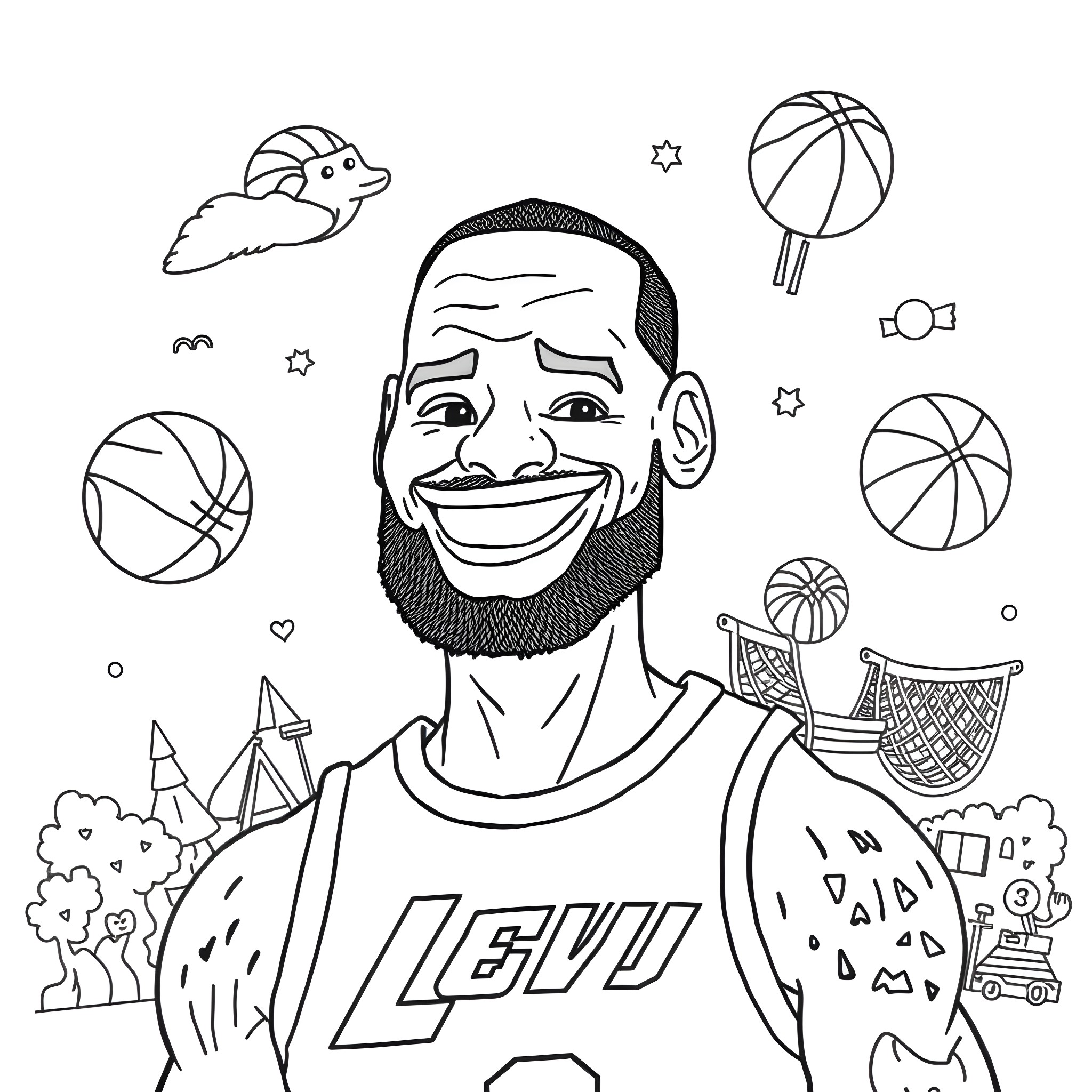 LeBron James playing basketball with a happy expression Coloring Page (free black-and-white line drawing printable PDF for all, from beginners to advanced learners, including children, teens, adults, and seniors)