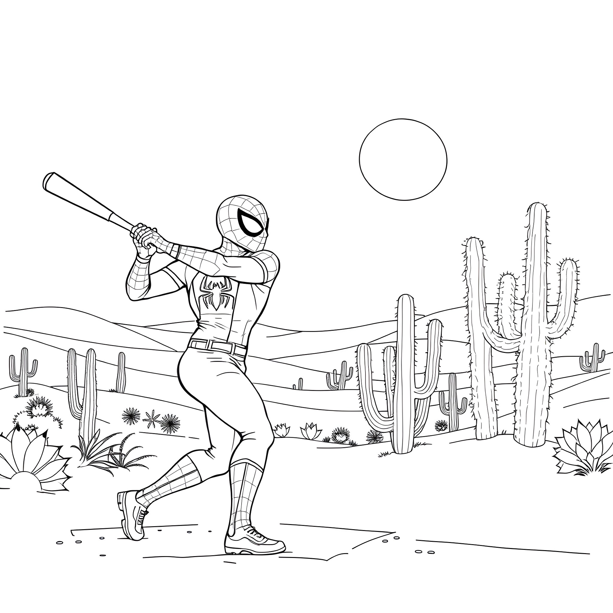Spider-Man swinging through a desert landscape Coloring Page (free black-and-white line drawing printable PDF for all, from beginners to advanced learners, including children, teens, adults, and seniors)