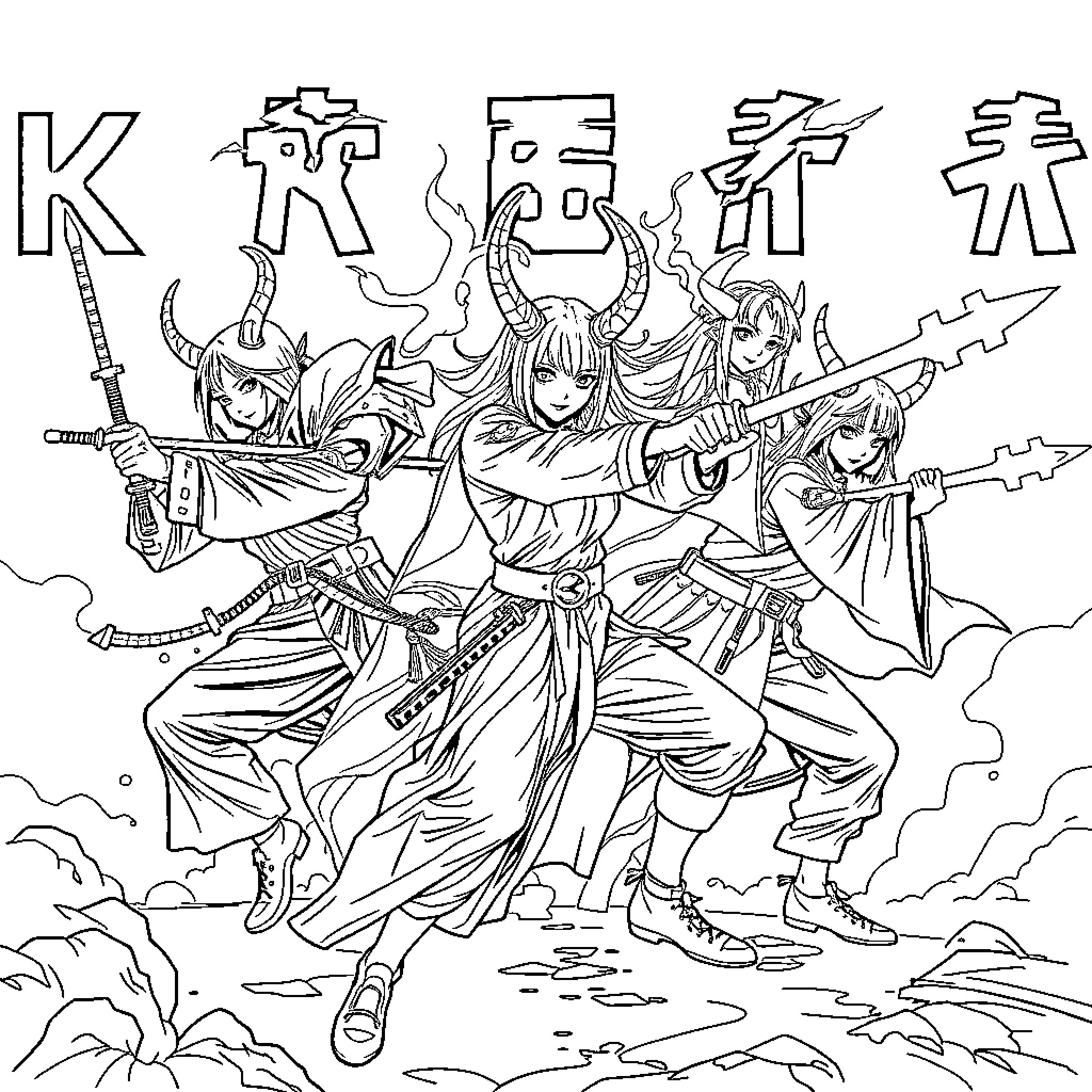 Demon Hunter Warriors in Action Coloring Page (free black-and-white line drawing printable PDF for all, from beginners to advanced learners, including children, teens, adults, and seniors)