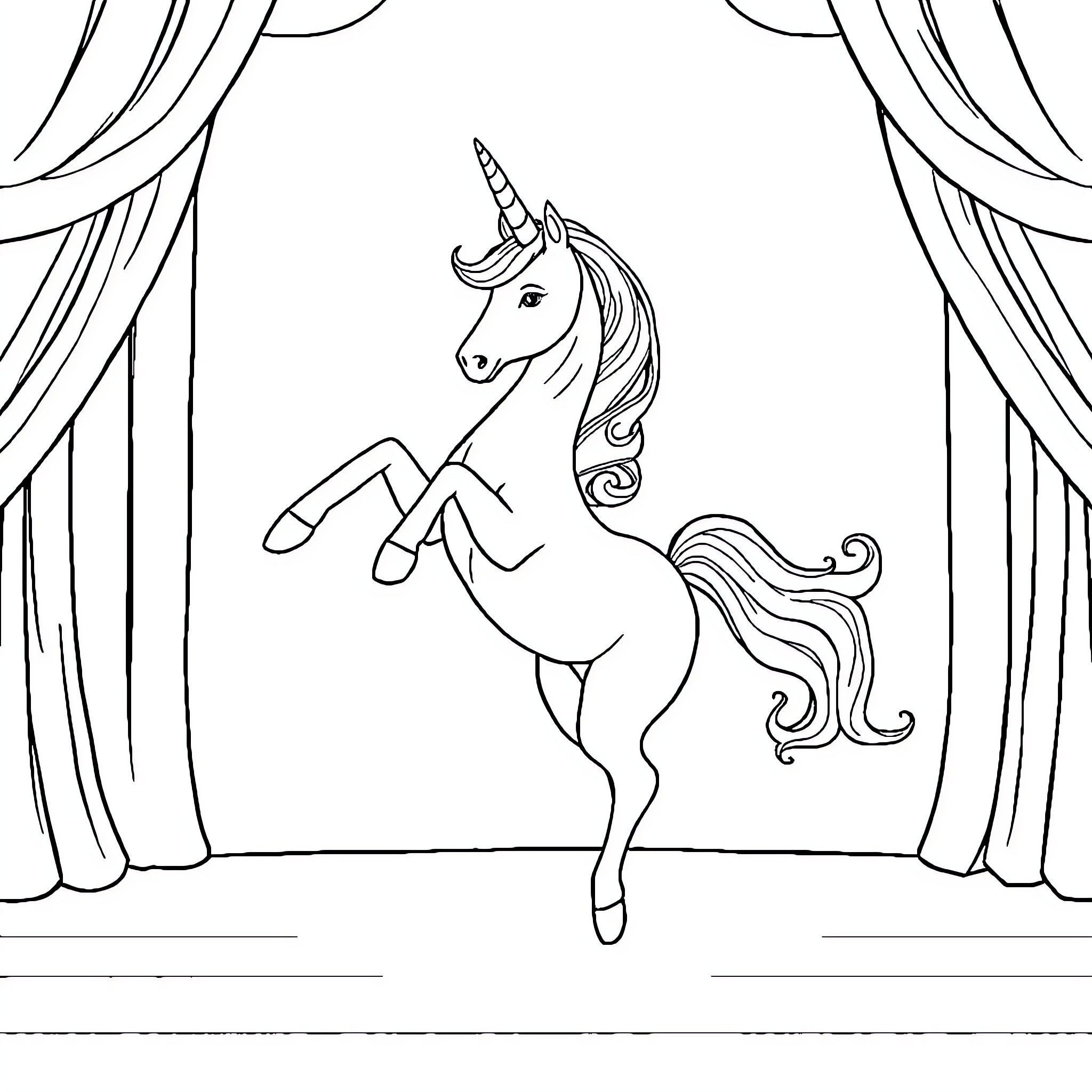 Unicorn performing on stage with curtains Coloring Page (free black-and-white line drawing printable PDF for all, from beginners to advanced learners, including children, teens, adults, and seniors)