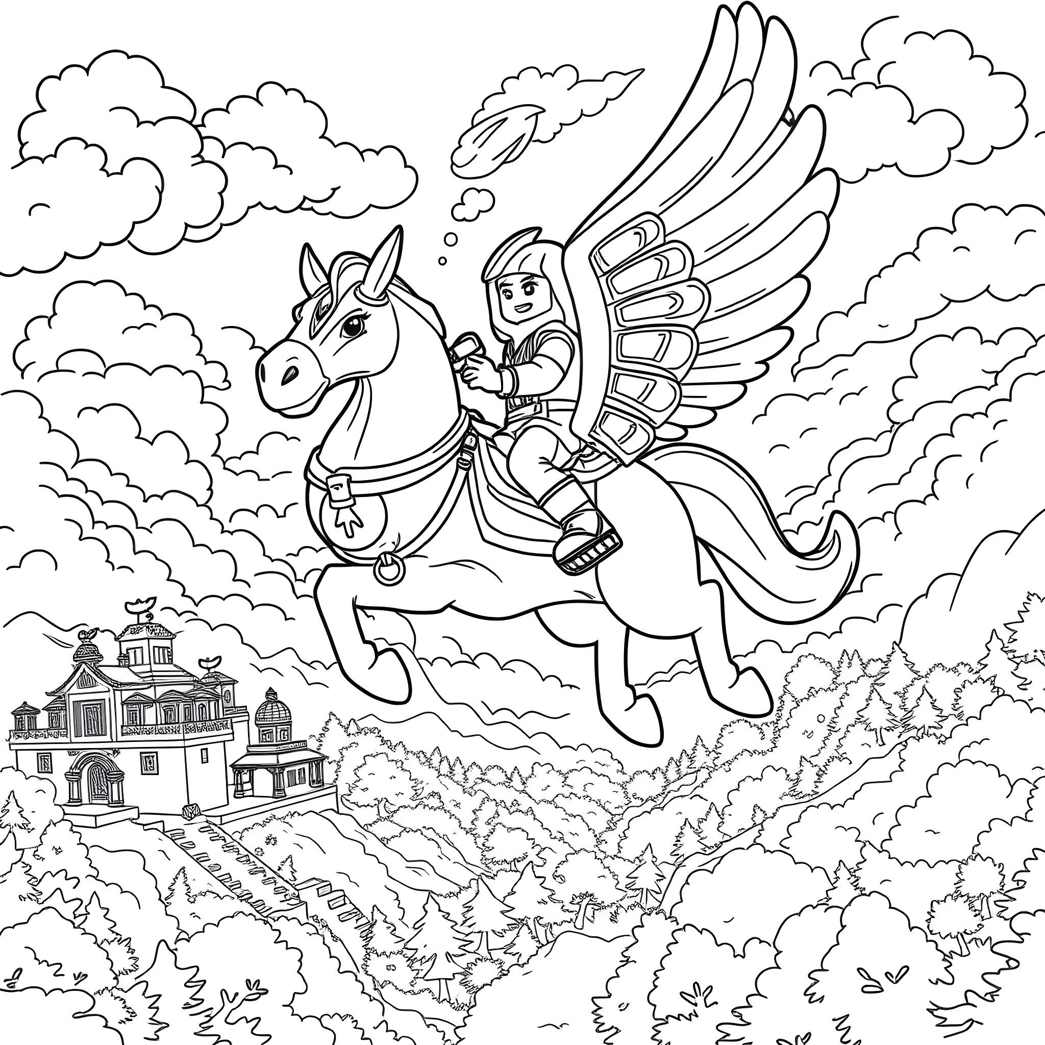 Kai's Winged Adventure in the Clouds Coloring Page (free black-and-white line drawing printable PDF for all, from beginners to advanced learners, including children, teens, adults, and seniors)