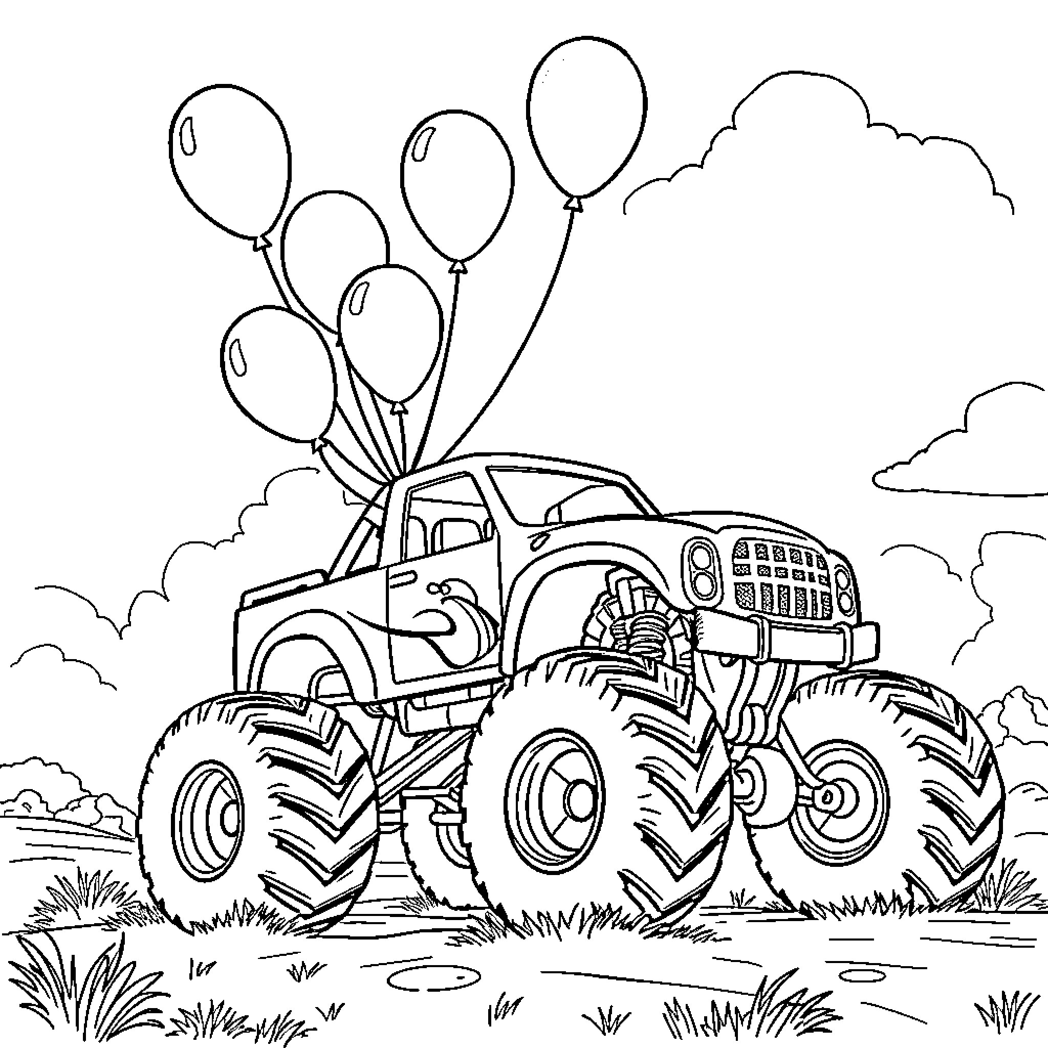 Monster Truck carrying colorful balloons in the field Coloring Page (free black-and-white line drawing printable PDF for all, from beginners to advanced learners, including children, teens, adults, and seniors)