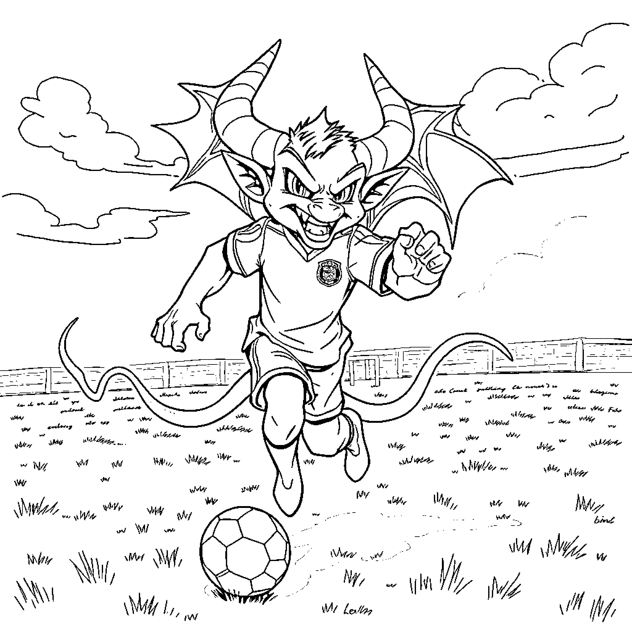 Demon Slayer Playing Soccer Passionately Coloring Page (free black-and-white line drawing printable PDF for all, from beginners to advanced learners, including children, teens, adults, and seniors)