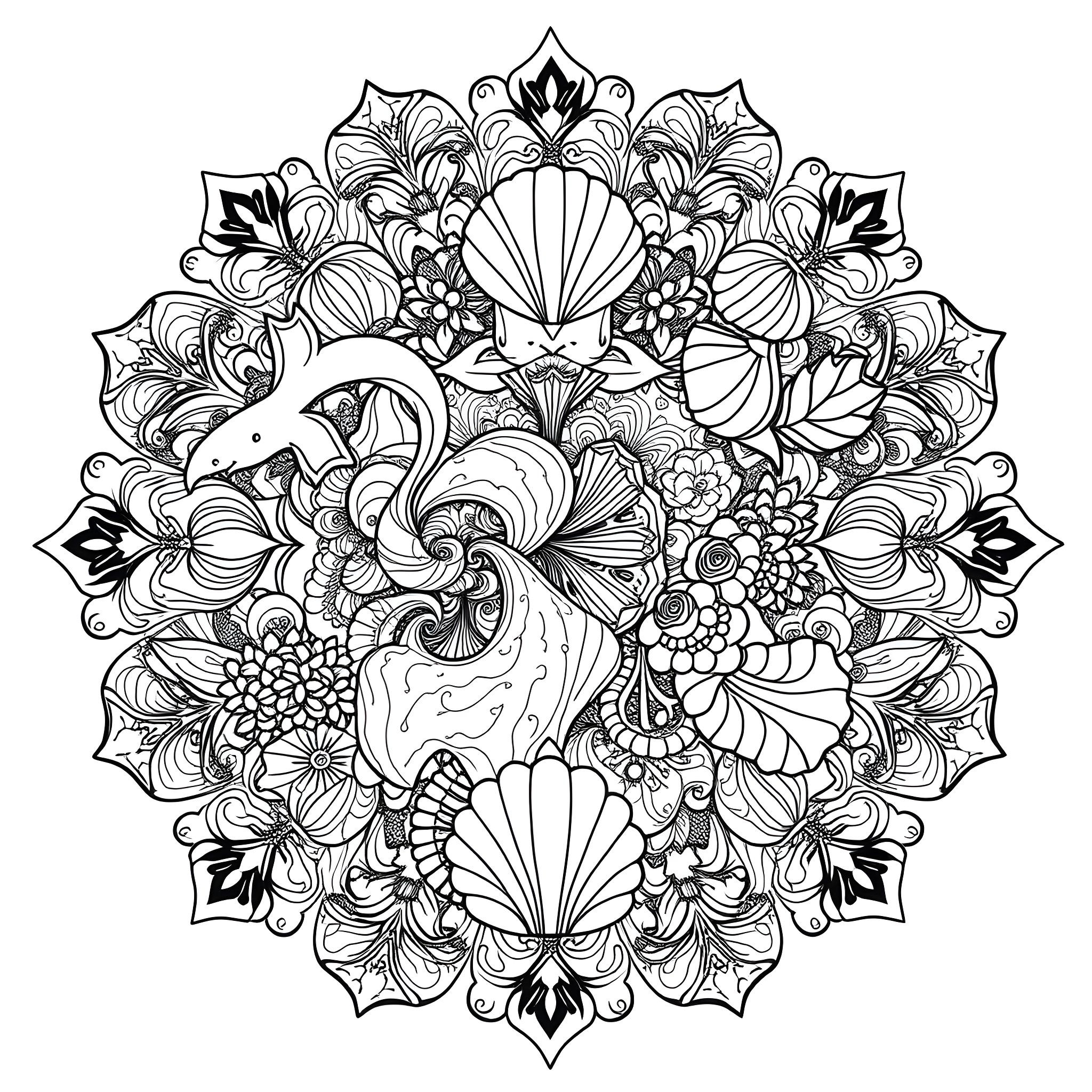 Mandala of intricate floral patterns and marine elements Coloring Page (free black-and-white line drawing printable PDF for all, from beginners to advanced learners, including children, teens, adults, and seniors)