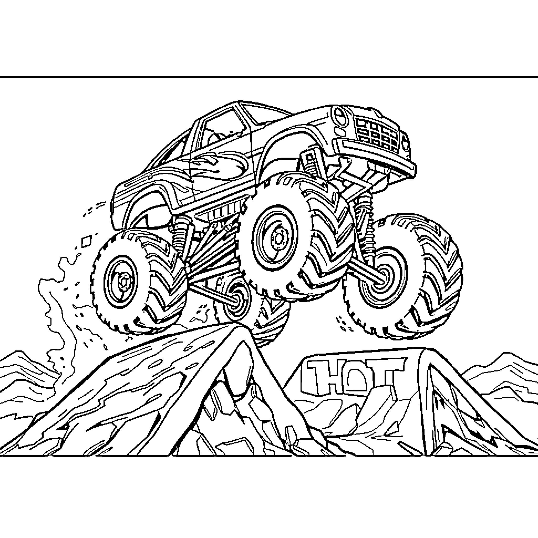 Monster Truck Jumping Over Rugged Terrain Coloring Page (free black-and-white line drawing printable PDF for all, from beginners to advanced learners, including children, teens, adults, and seniors)