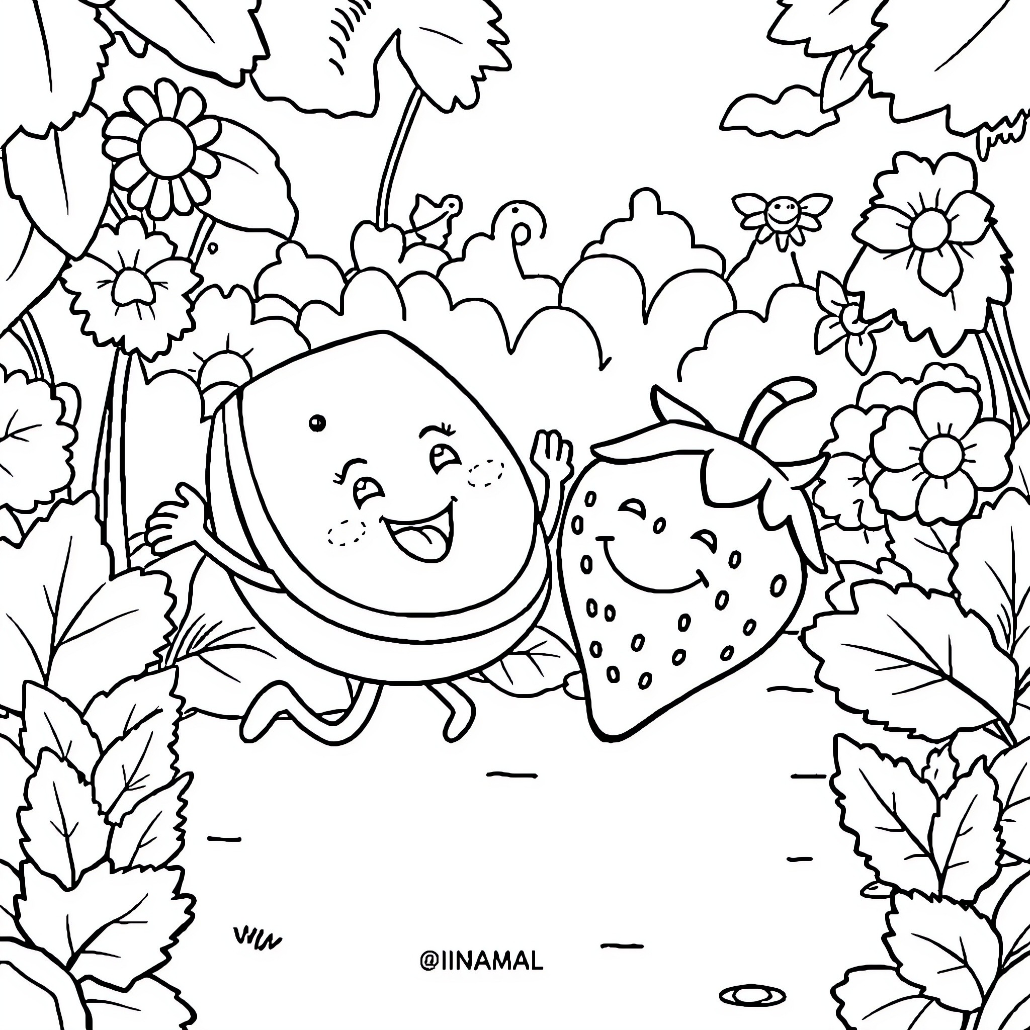 Watermelon and Strawberry friends in a floral garden Coloring Page (free black-and-white line drawing printable PDF for all, from beginners to advanced learners, including children, teens, adults, and seniors)