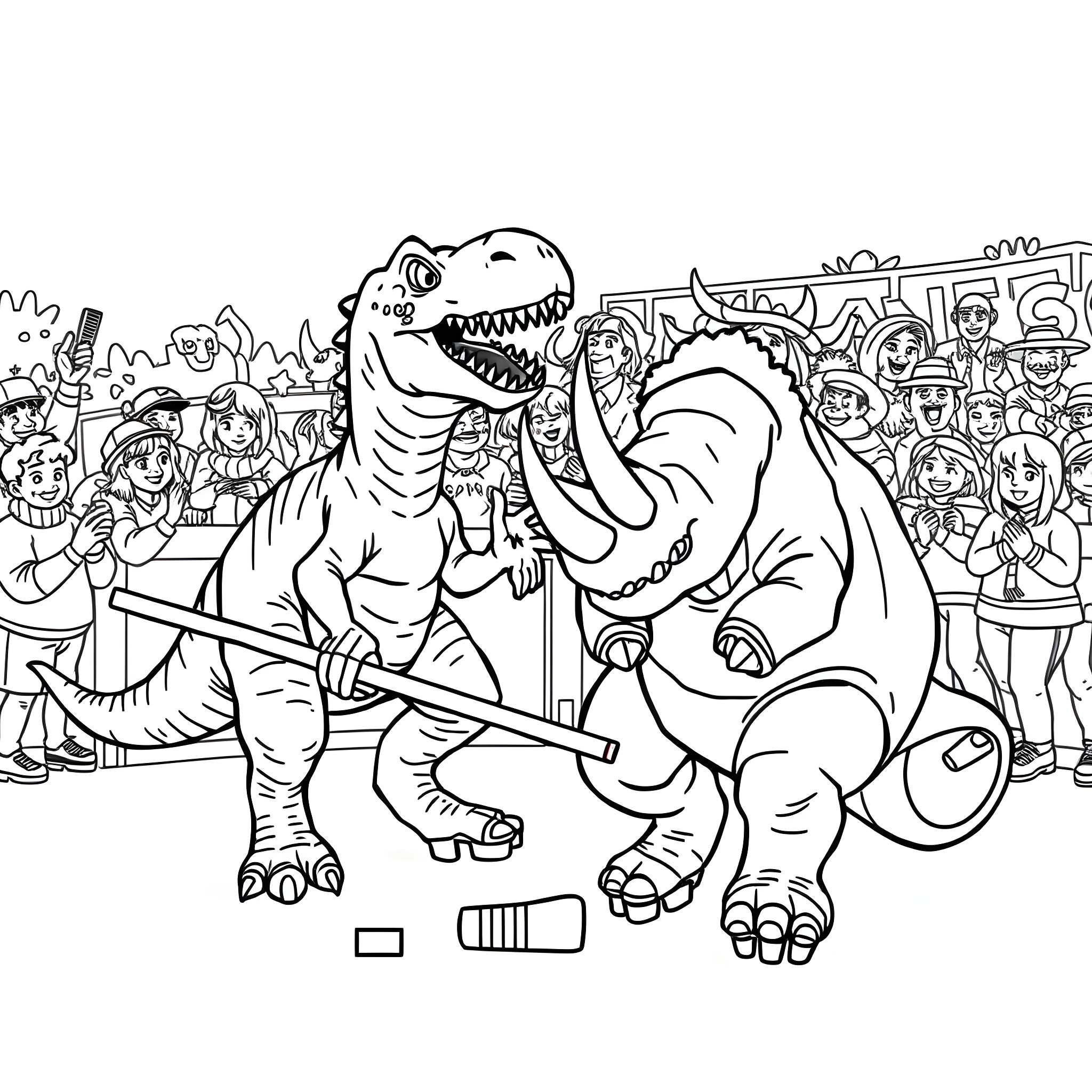 Dinosaurs playing hockey in a crowded arena Coloring Page (free black-and-white line drawing printable PDF for all, from beginners to advanced learners, including children, teens, adults, and seniors)