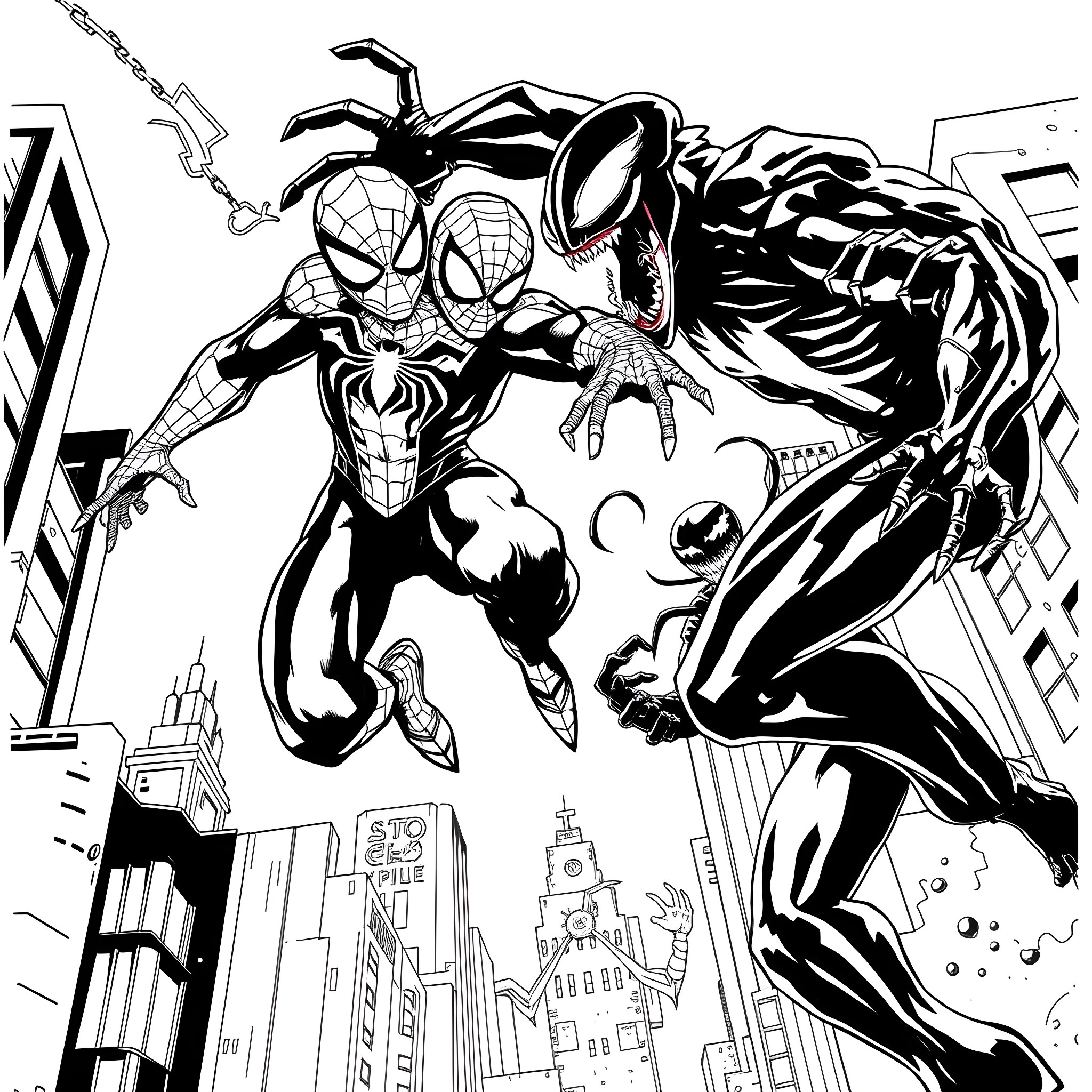Spiderman battling a fierce symbiote creature in the city Coloring Page (free black-and-white line drawing printable PDF for all, from beginners to advanced learners, including children, teens, adults, and seniors)