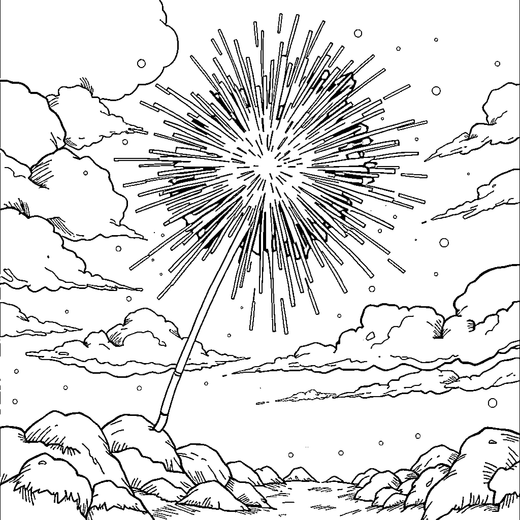 Cherry Bomb Burst of Cosmic Celebration Coloring Page (free black-and-white line drawing printable PDF for all, from beginners to advanced learners, including children, teens, adults, and seniors)