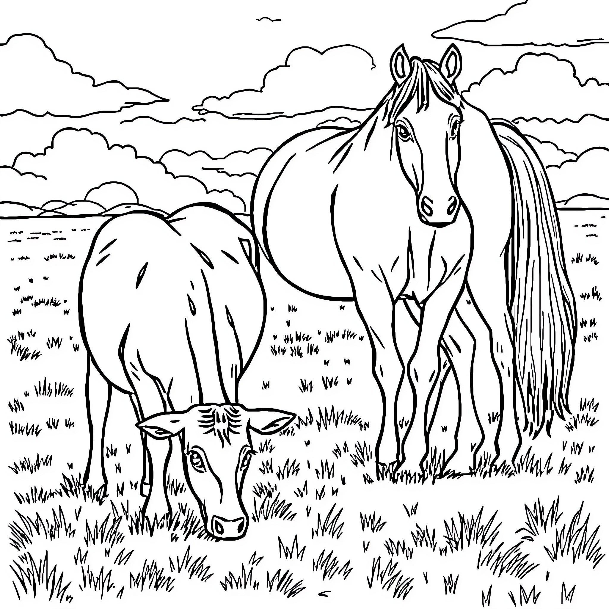 Cow grazing peacefully in the countryside Coloring Page (free black-and-white line drawing printable PDF for all, from beginners to advanced learners, including children, teens, adults, and seniors)