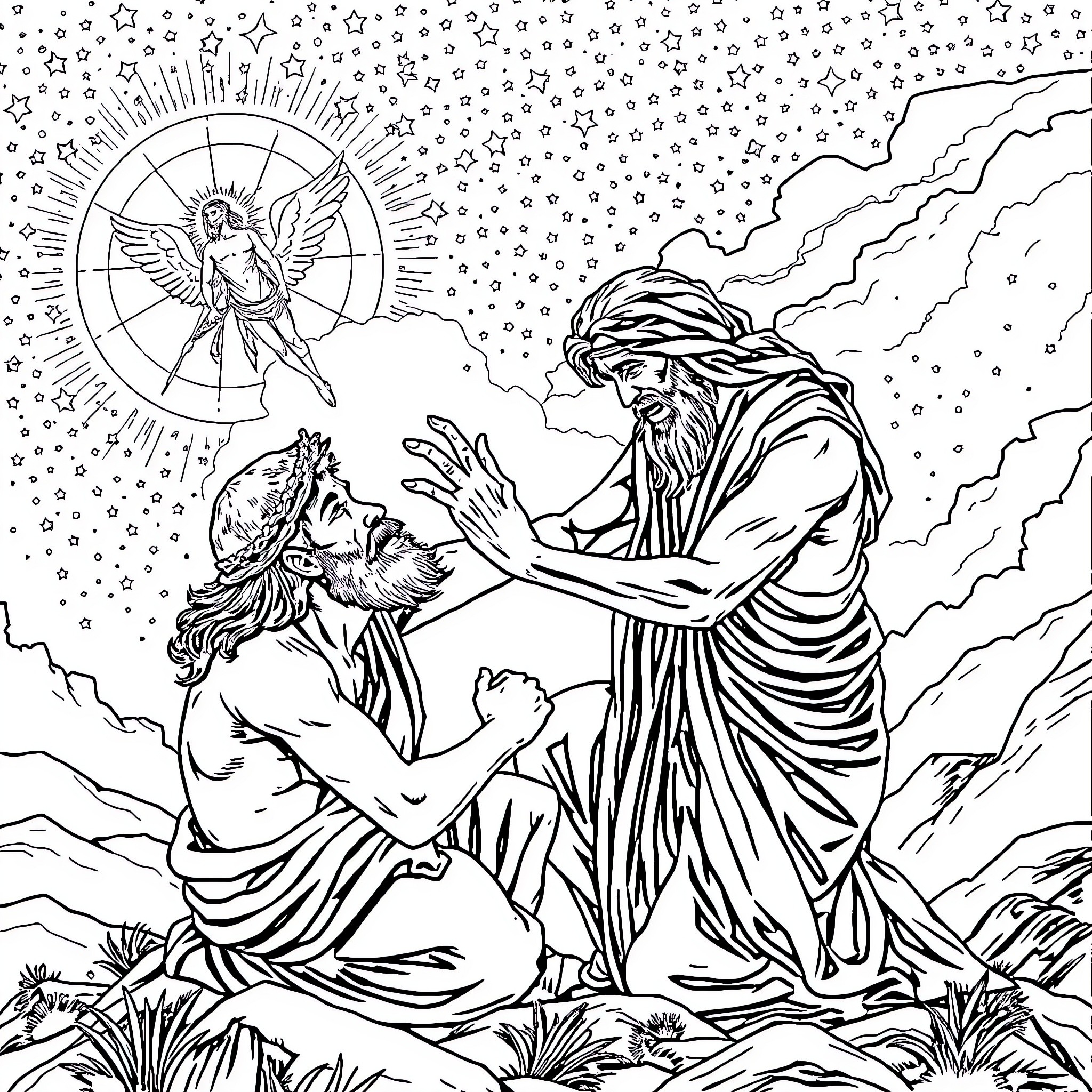 Jacob's Encounter with the Divine Messenger Coloring Page (free black-and-white line drawing printable PDF for all, from beginners to advanced learners, including children, teens, adults, and seniors)