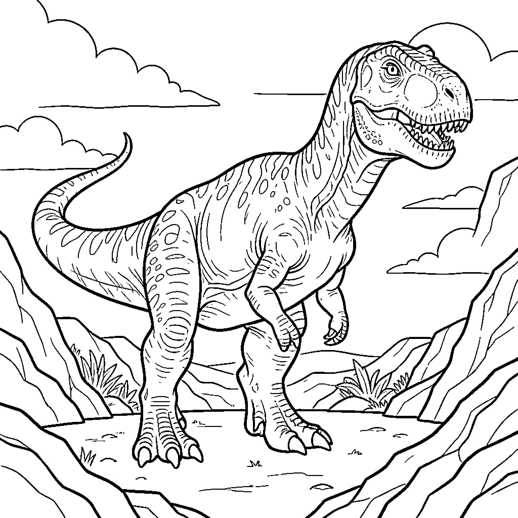 Dinosaur walking through a prehistoric landscape Coloring Page (free black-and-white line drawing printable PDF for all, from beginners to advanced learners, including children, teens, adults, and seniors)