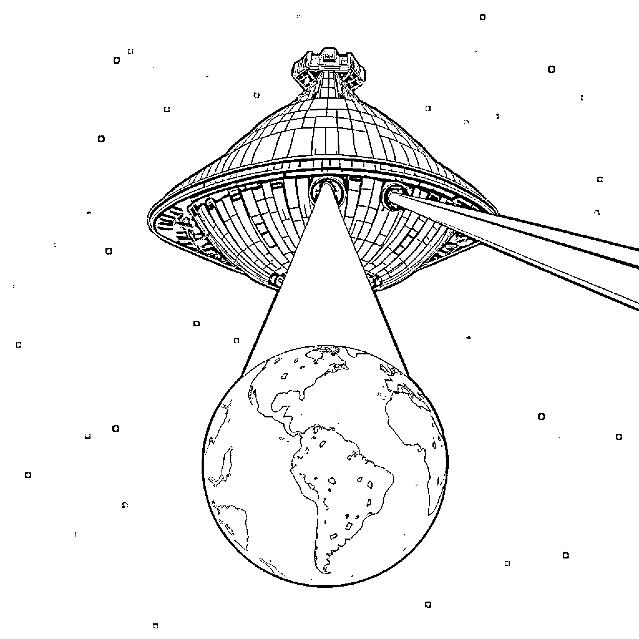 Death Star-like spacecraft hovering over Earth Coloring Page (free black-and-white line drawing printable PDF for all, from beginners to advanced learners, including children, teens, adults, and seniors)
