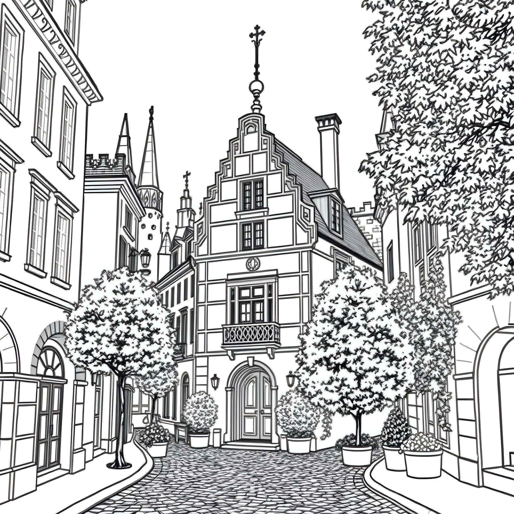 House in a historic European street with trees and architecture Coloring Page (free black-and-white line drawing printable PDF for all, from beginners to advanced learners, including children, teens, adults, and seniors)