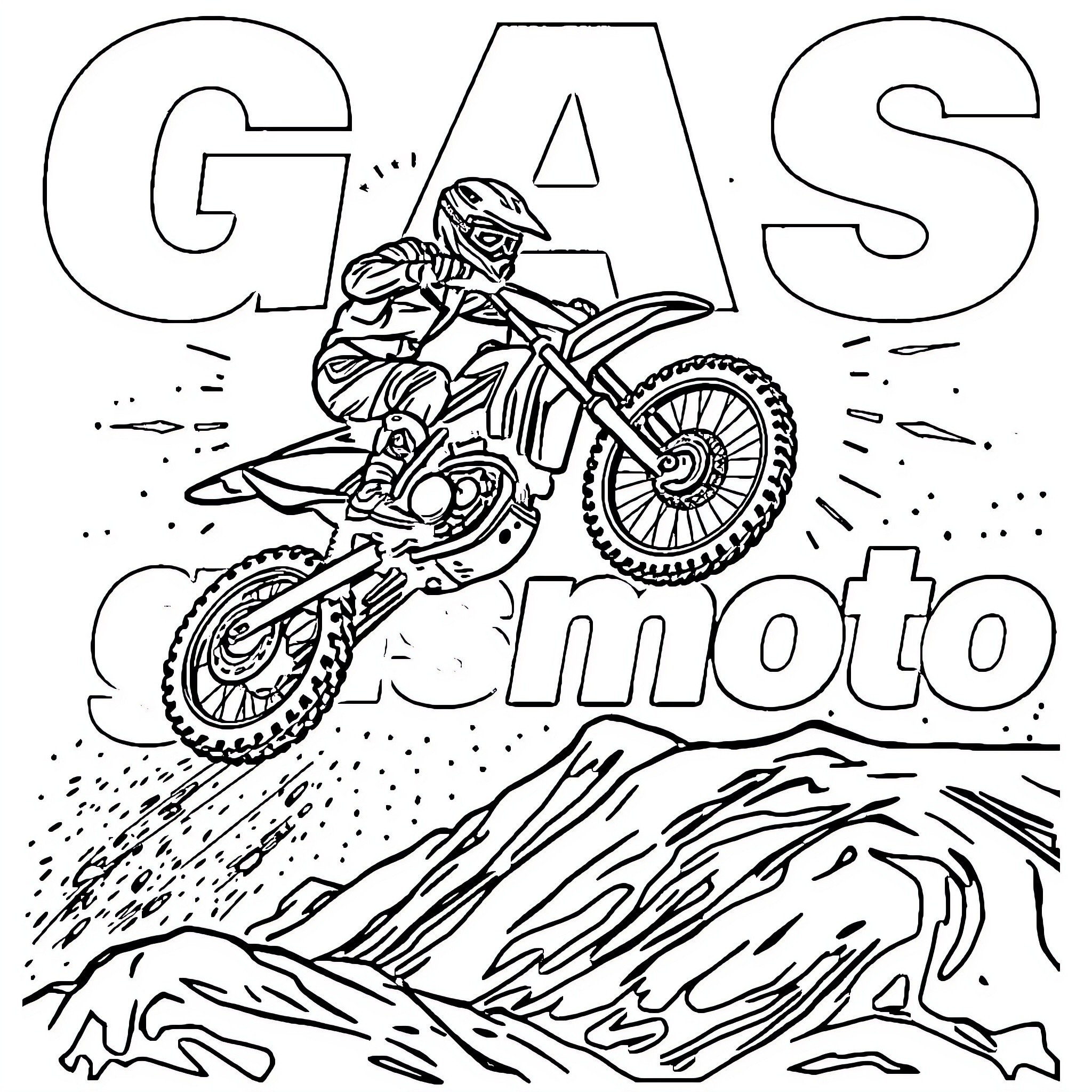 Motocross Bike Rider Jumping Over Mountainous Terrain Coloring Page (free black-and-white line drawing printable PDF for all, from beginners to advanced learners, including children, teens, adults, and seniors)