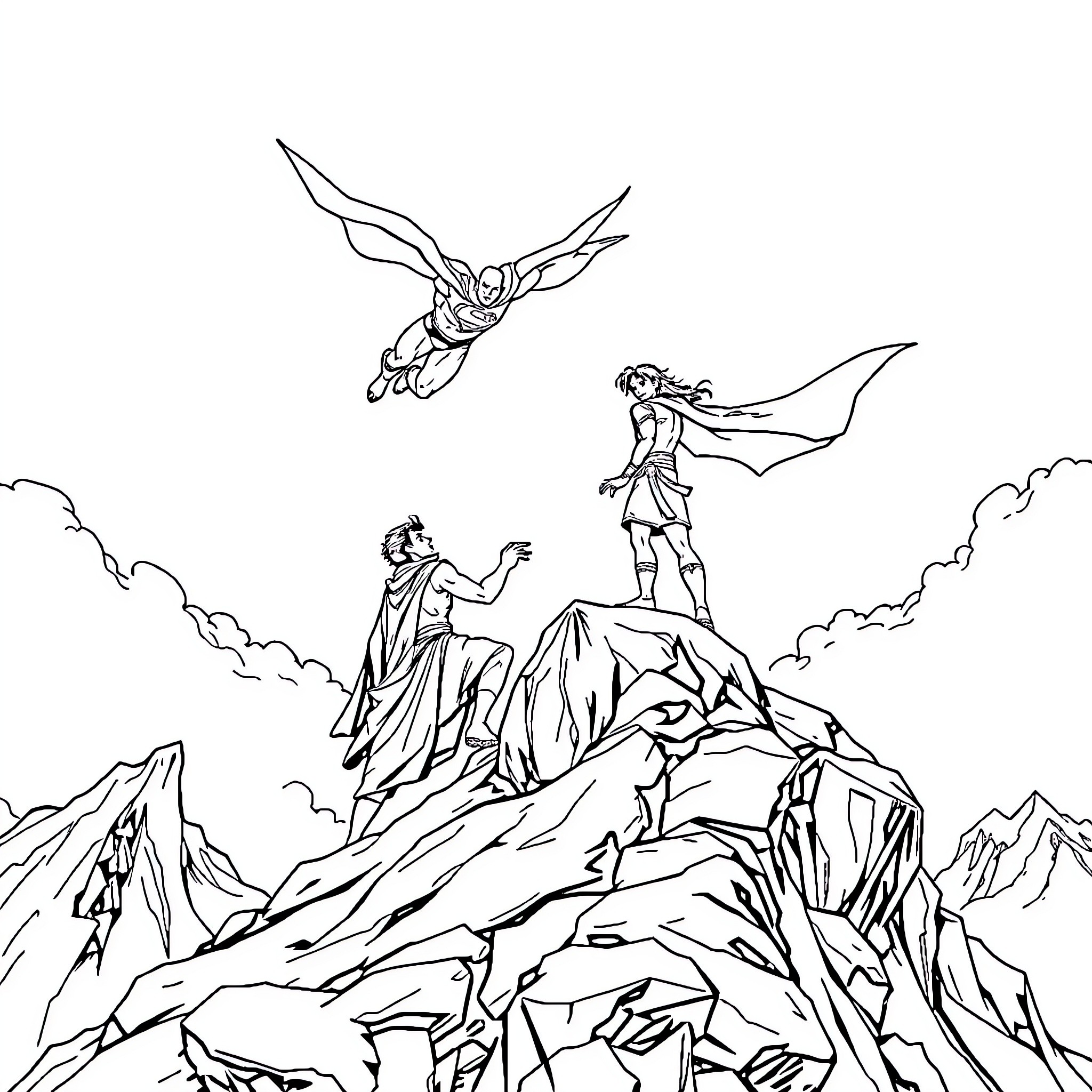 Superman heroically soars over majestic mountain peaks Coloring Page (free black-and-white line drawing printable PDF for all, from beginners to advanced learners, including children, teens, adults, and seniors)