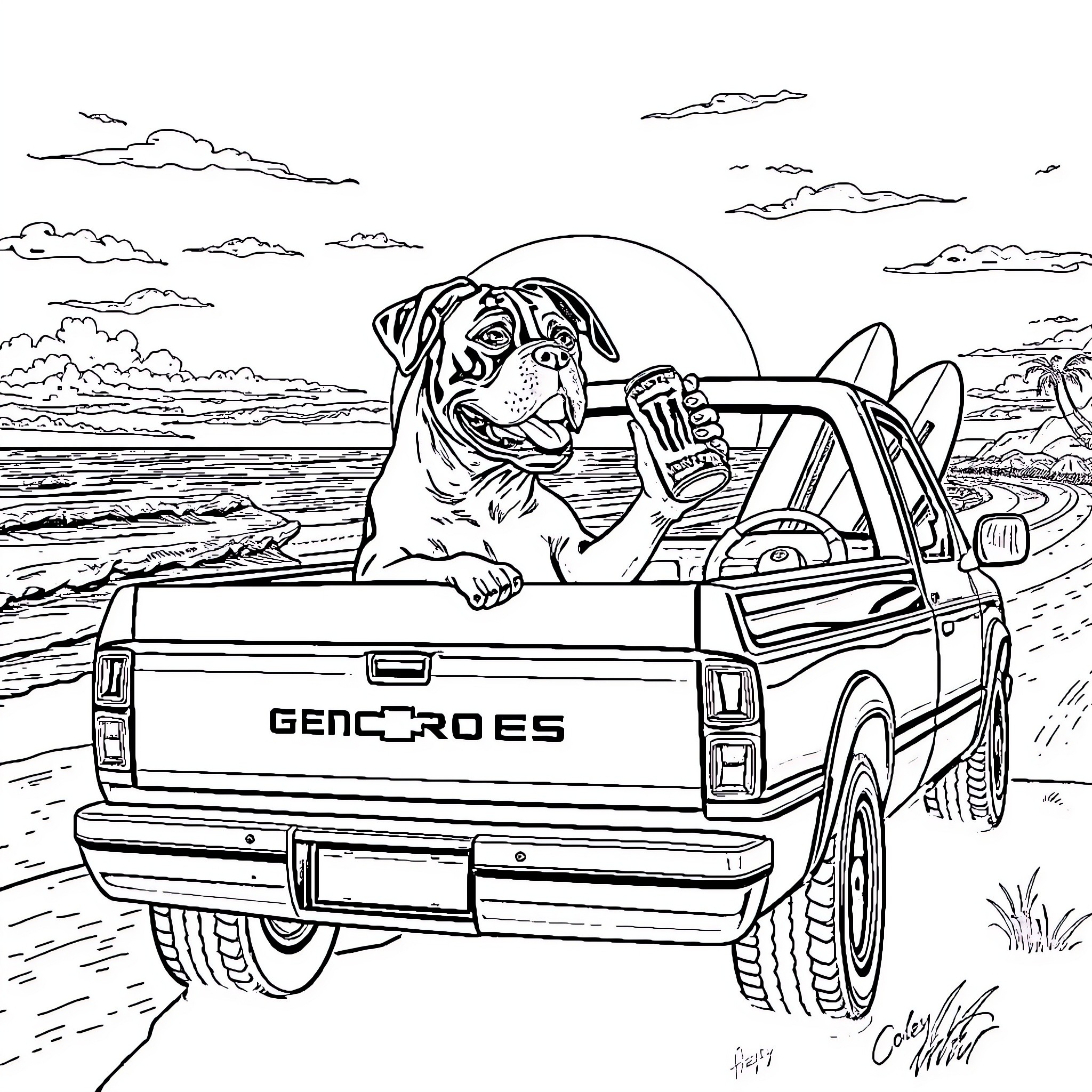 Boxer riding in truck on the beach Coloring Page (free black-and-white line drawing printable PDF for all, from beginners to advanced learners, including children, teens, adults, and seniors)