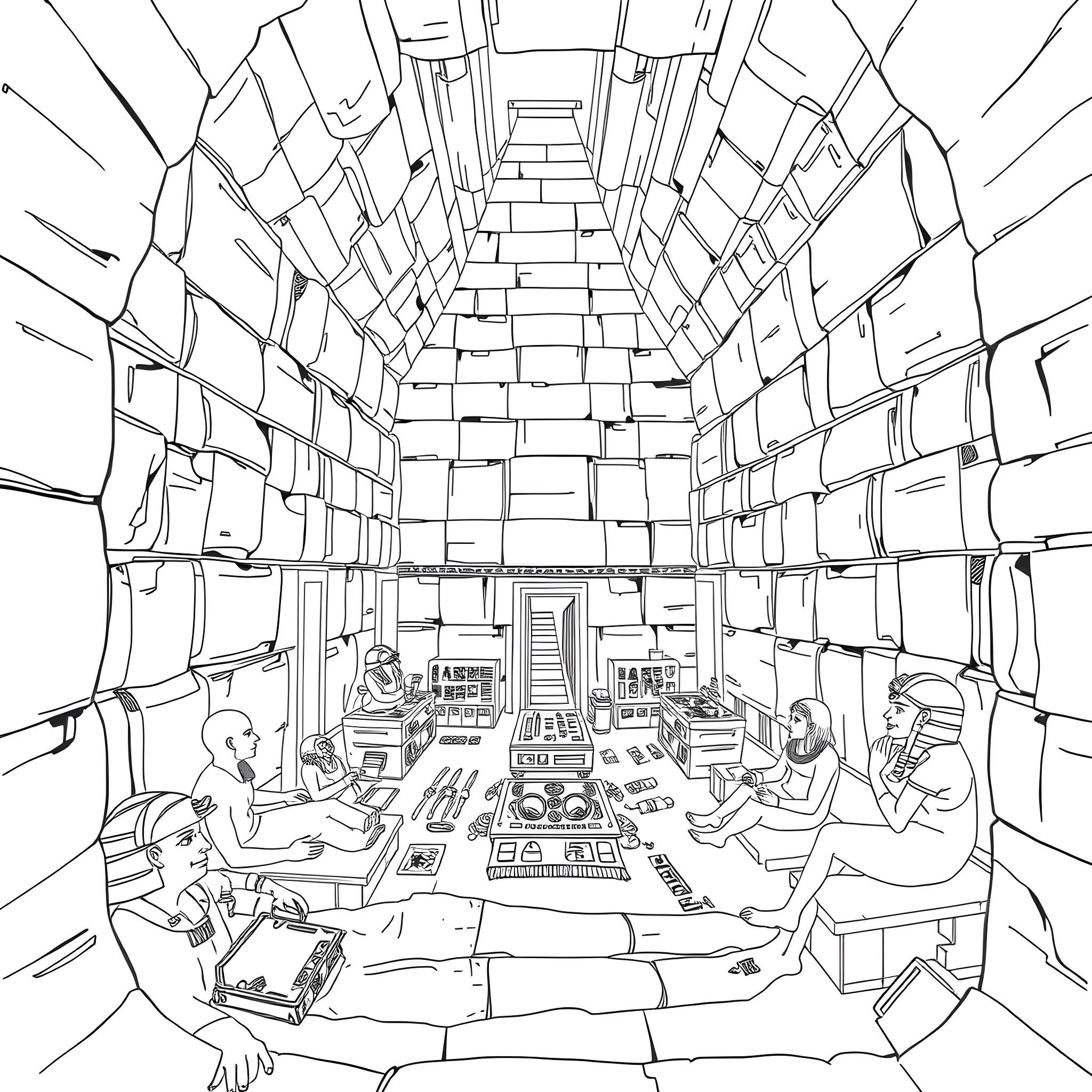 Pyramid of Gamers in a High-Tech Retreat Coloring Page (free black-and-white line drawing printable PDF for all, from beginners to advanced learners, including children, teens, adults, and seniors)