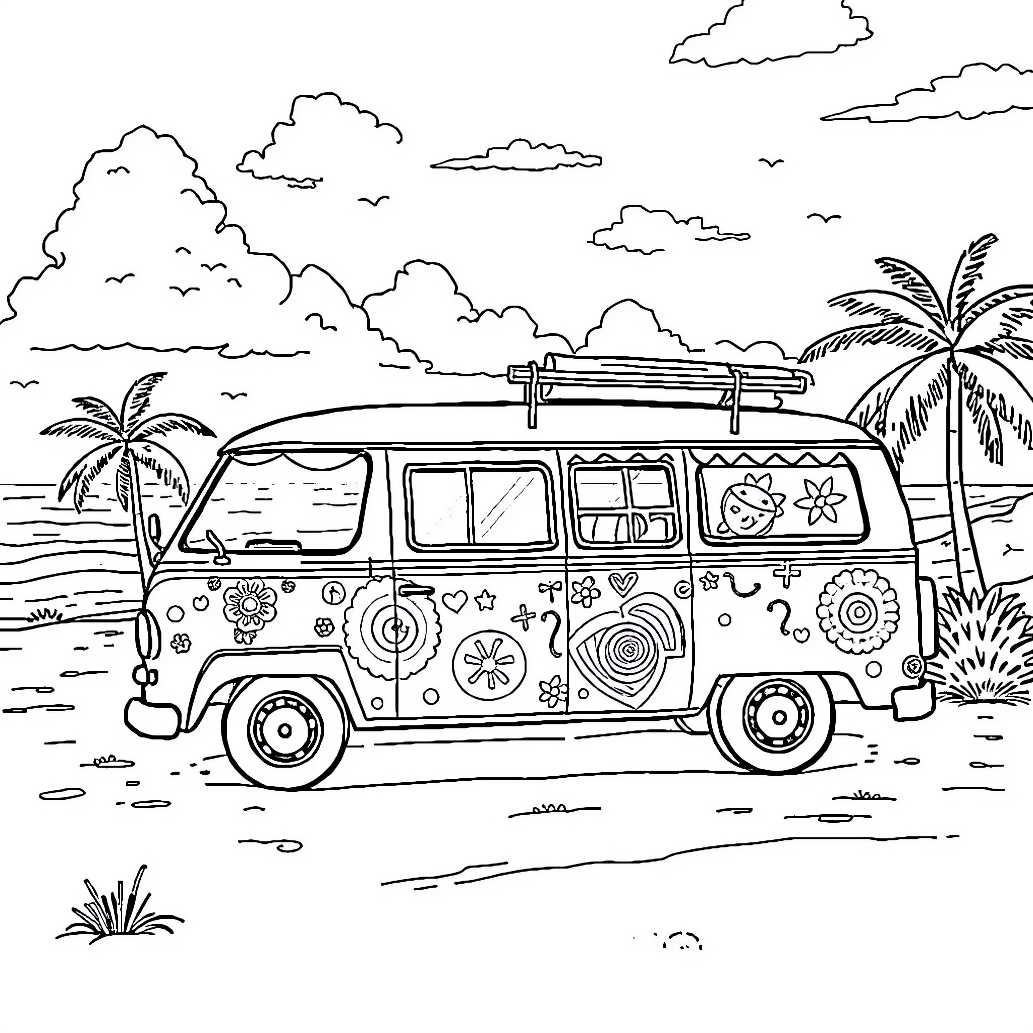 Van with Vibrant Designs Parked on Tropical Beach Coloring Page (free black-and-white line drawing printable PDF for all, from beginners to advanced learners, including children, teens, adults, and seniors)
