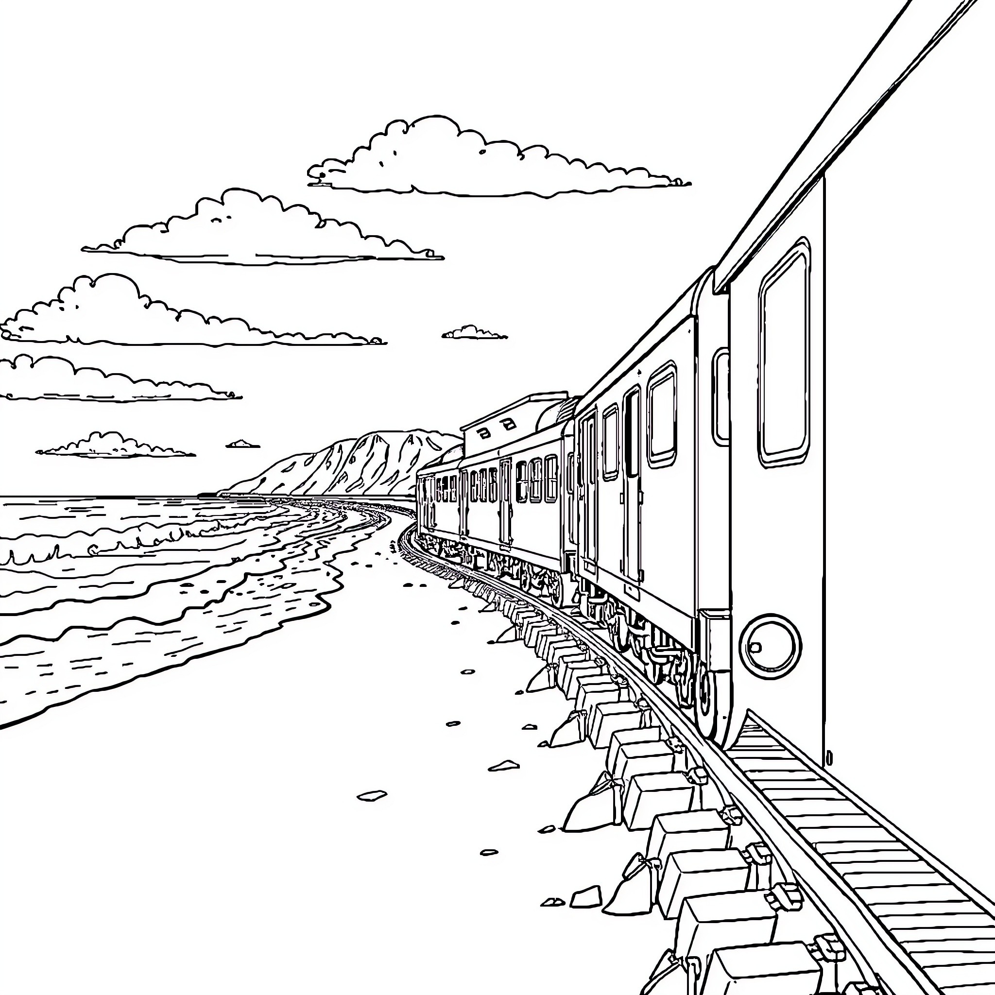 Train on a Scenic Railway Journey Coloring Page (free black-and-white line drawing printable PDF for all, from beginners to advanced learners, including children, teens, adults, and seniors)
