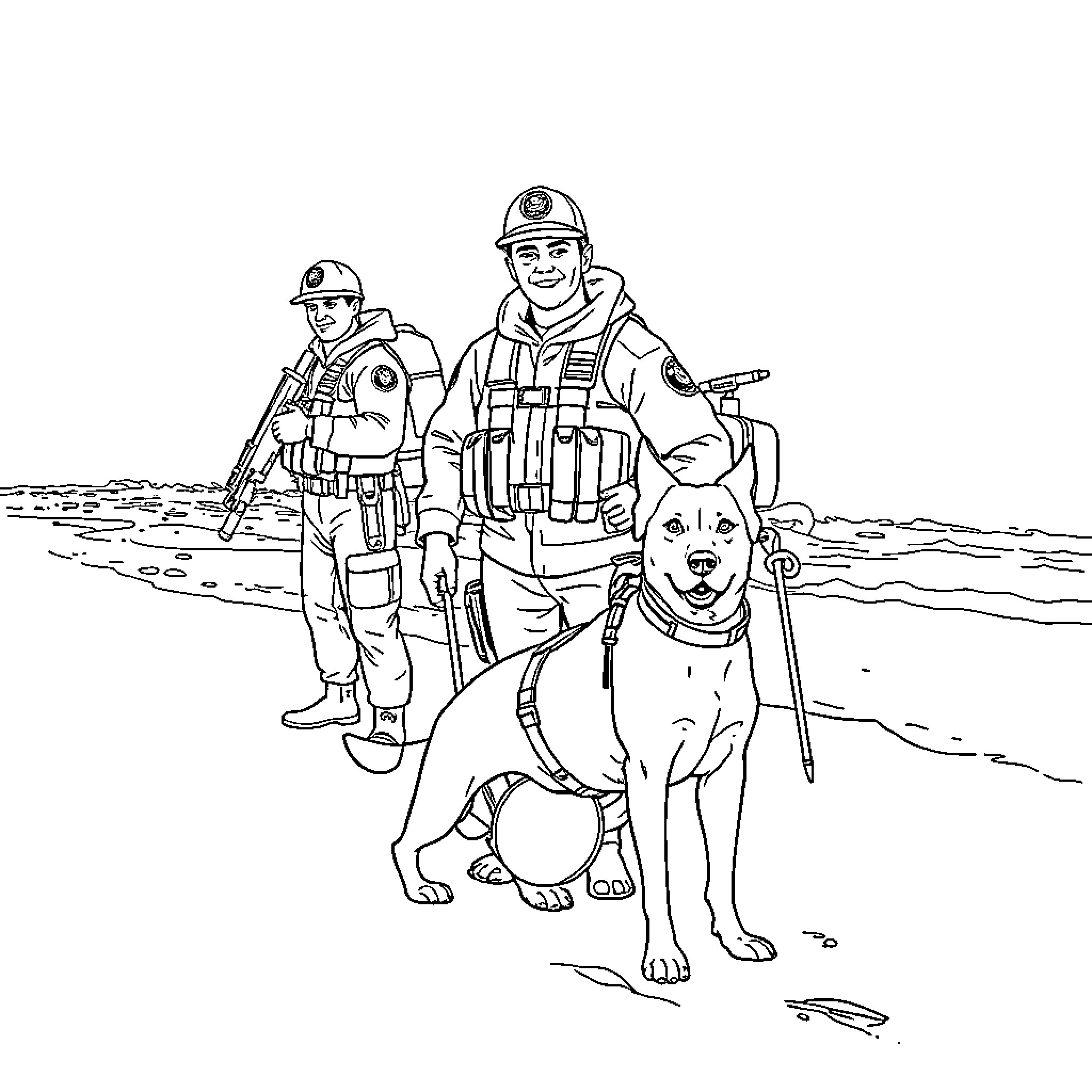 Coast Guard Rescue Team Assisting on Beach Coloring Page (free black-and-white line drawing printable PDF for all, from beginners to advanced learners, including children, teens, adults, and seniors)