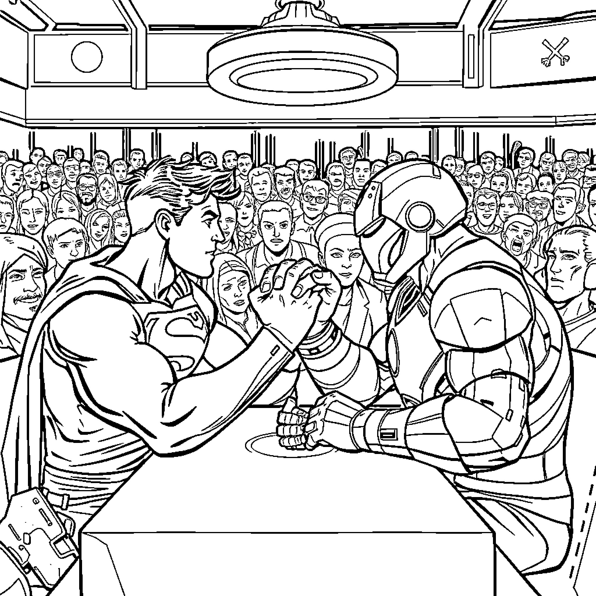 Superman confronts a futuristic robot in a crowded hall Coloring Page (free black-and-white line drawing printable PDF for all, from beginners to advanced learners, including children, teens, adults, and seniors)