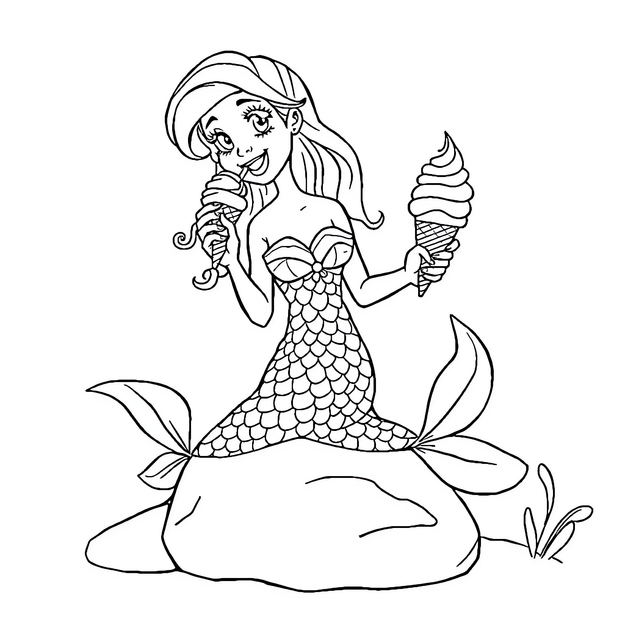Mermaid enjoying an ice cream cone by the ocean Coloring Page (free black-and-white line drawing printable PDF for all, from beginners to advanced learners, including children, teens, adults, and seniors)