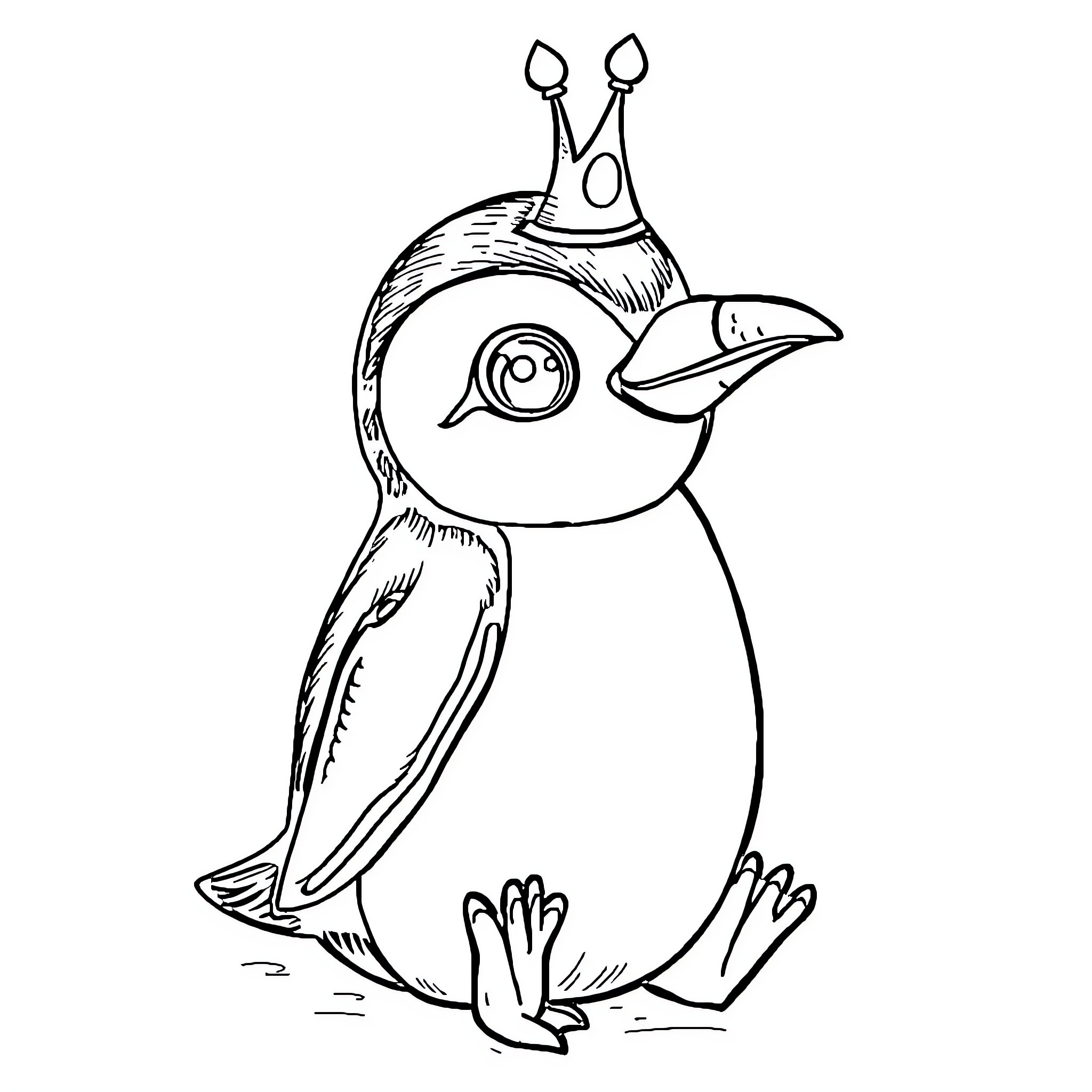 Penguin wearing a whimsical crown Coloring Page (free black-and-white line drawing printable PDF for all, from beginners to advanced learners, including children, teens, adults, and seniors)