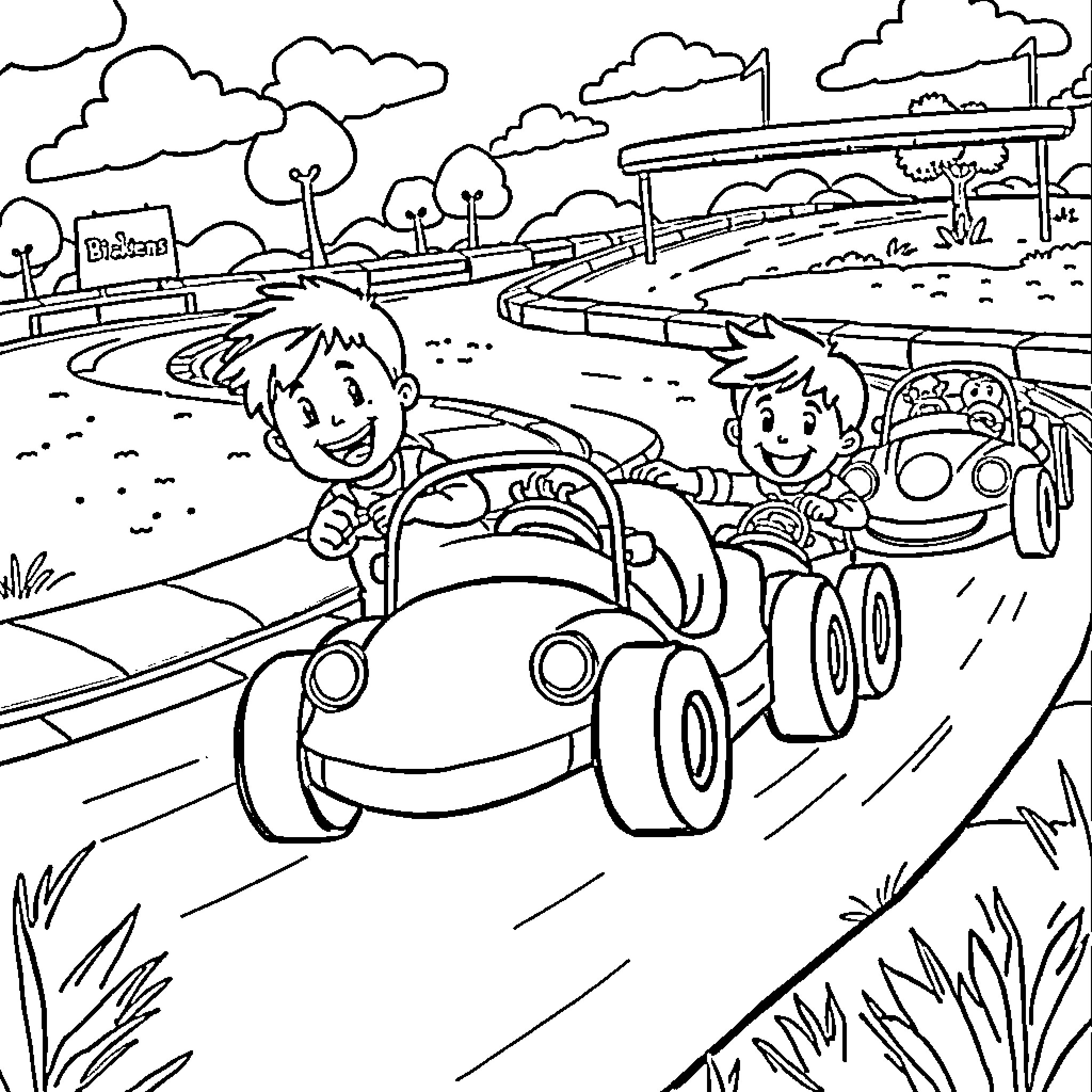 Car ride with happy kids in a countryside Coloring Page (free black-and-white line drawing printable PDF for all, from beginners to advanced learners, including children, teens, adults, and seniors)