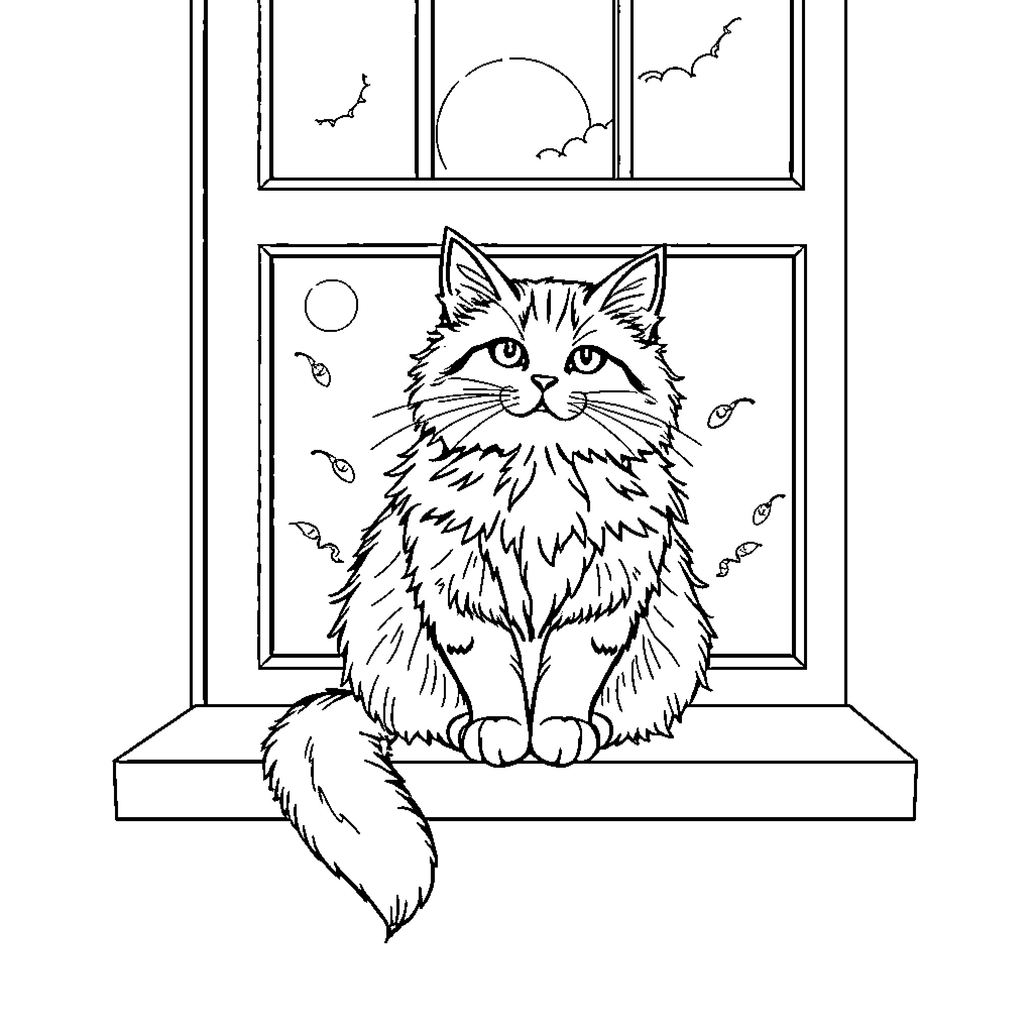 Cat gazing out the window Coloring Page (free black-and-white line drawing printable PDF for all, from beginners to advanced learners, including children, teens, adults, and seniors)