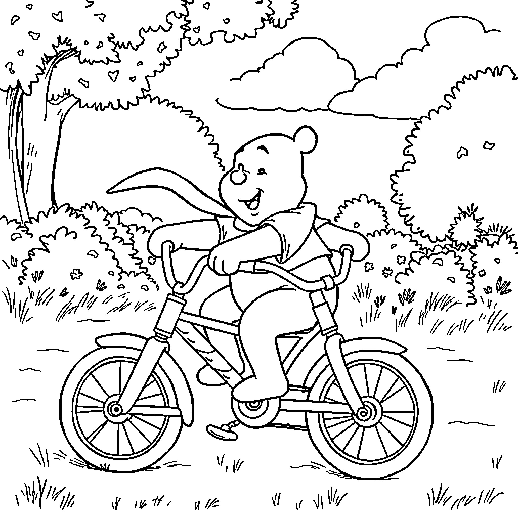Winnie The Pooh riding a bicycle in the park Coloring Page (free black-and-white line drawing printable PDF for all, from beginners to advanced learners, including children, teens, adults, and seniors)