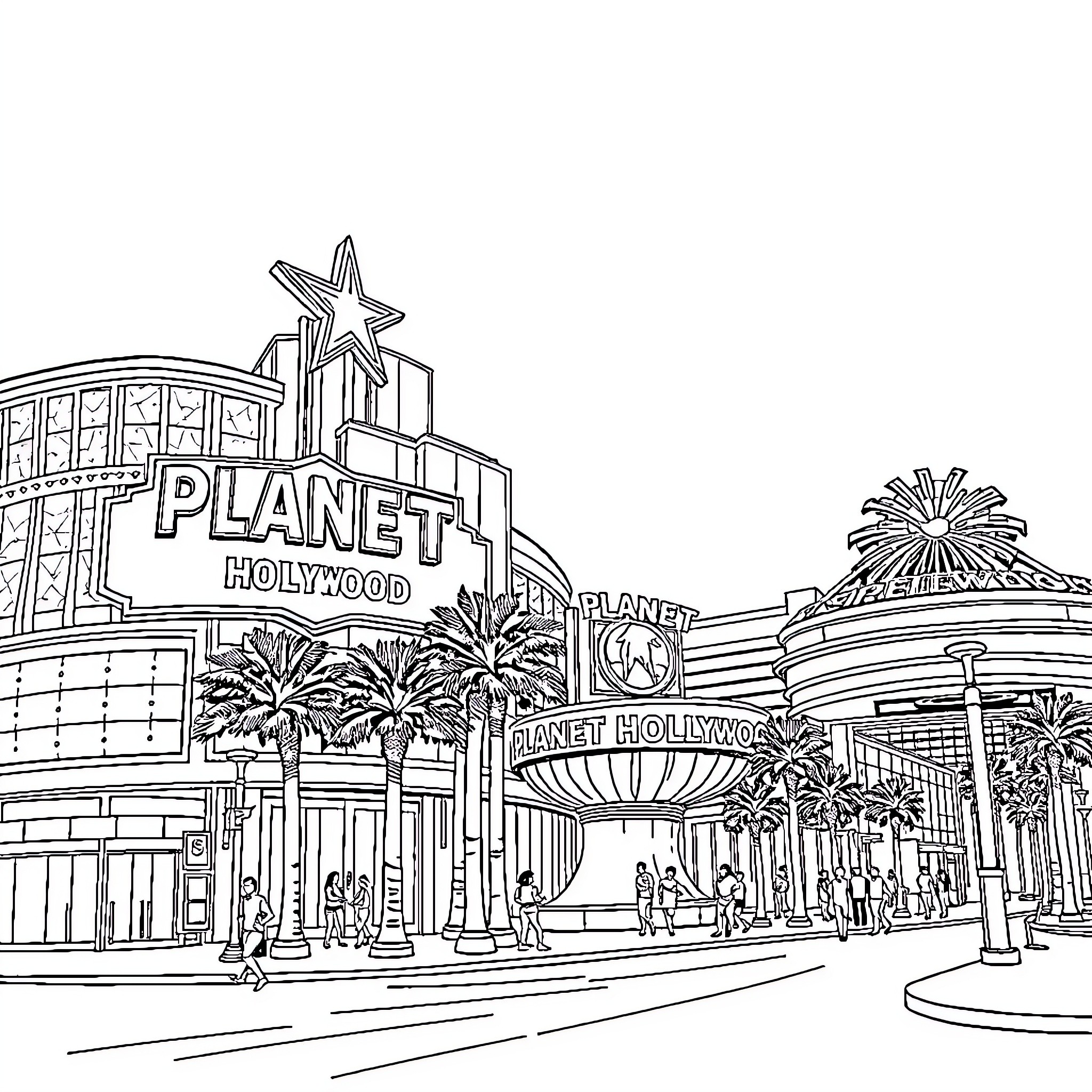 Las Vegas entertainment district with distinctive architecture Coloring Page (free black-and-white line drawing printable PDF for all, from beginners to advanced learners, including children, teens, adults, and seniors)