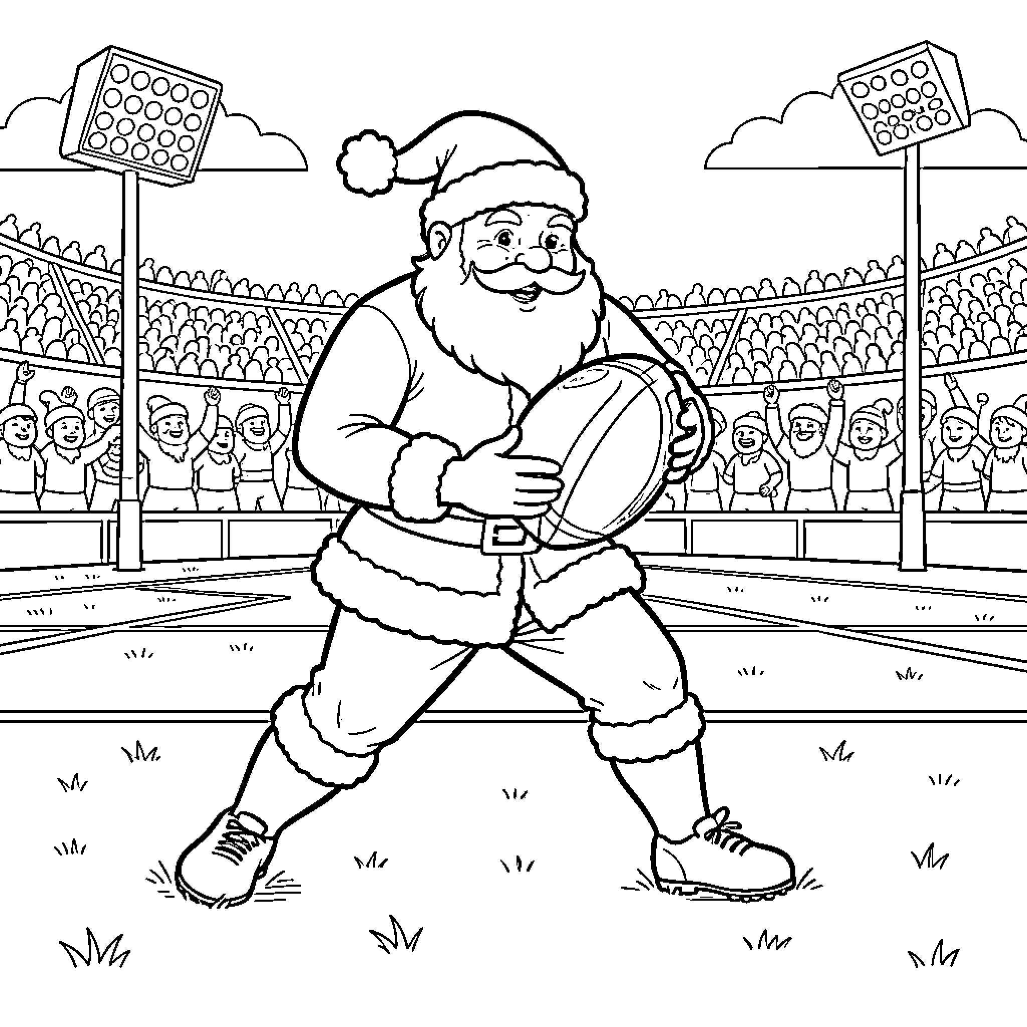 Père Noël playing rugby in a crowded stadium Coloring Page (free black-and-white line drawing printable PDF for all, from beginners to advanced learners, including children, teens, adults, and seniors)