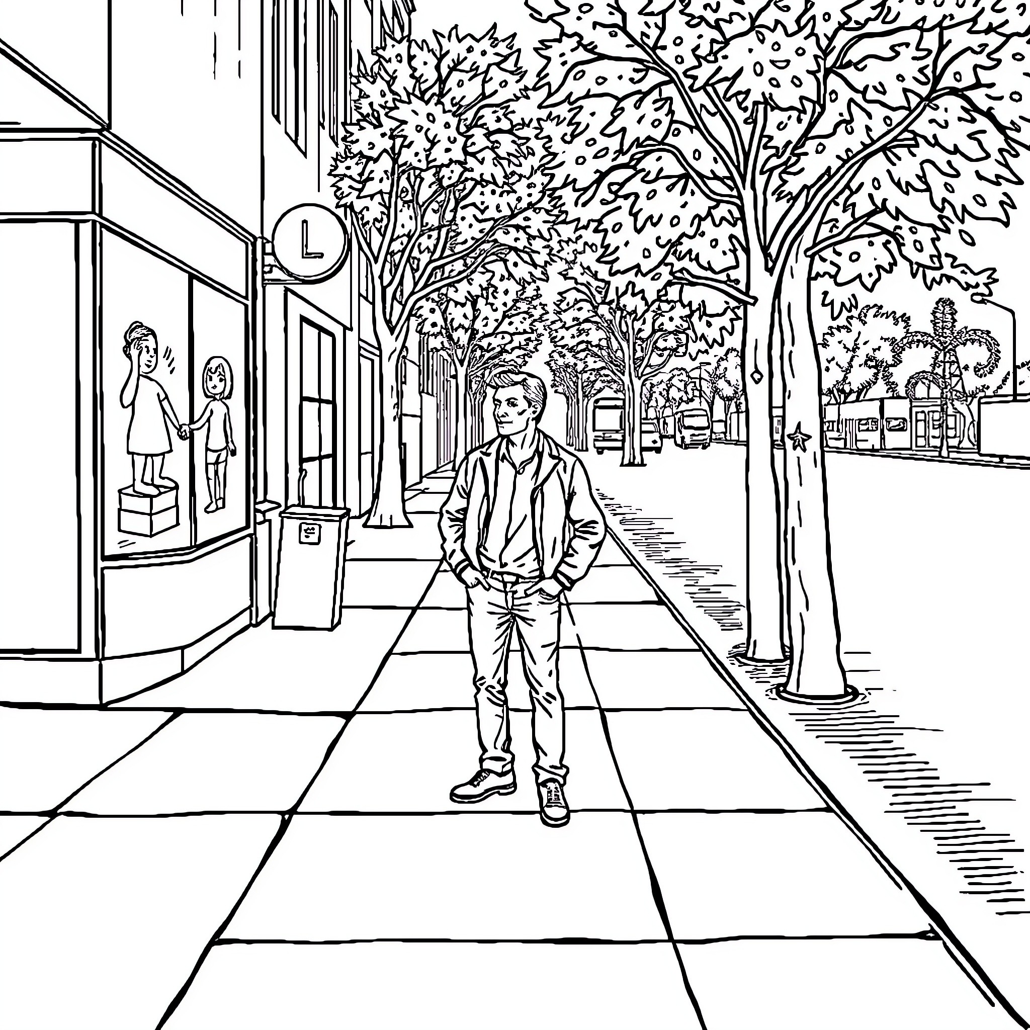 Man walking alone on city street with trees Coloring Page (free black-and-white line drawing printable PDF for all, from beginners to advanced learners, including children, teens, adults, and seniors)