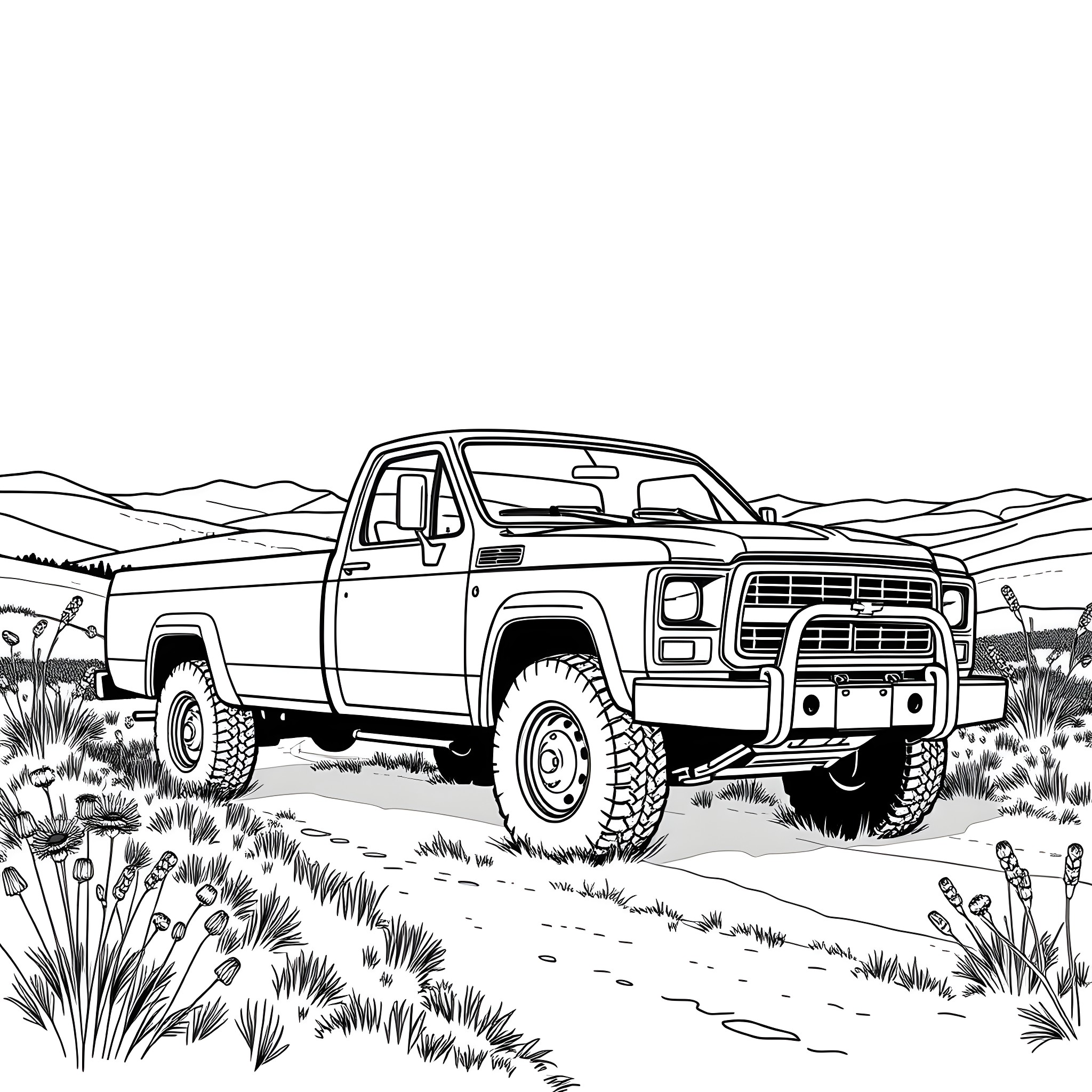 Pick Up Truck Off-Roading in Desert Landscape Coloring Page (free black-and-white line drawing printable PDF for all, from beginners to advanced learners, including children, teens, adults, and seniors)