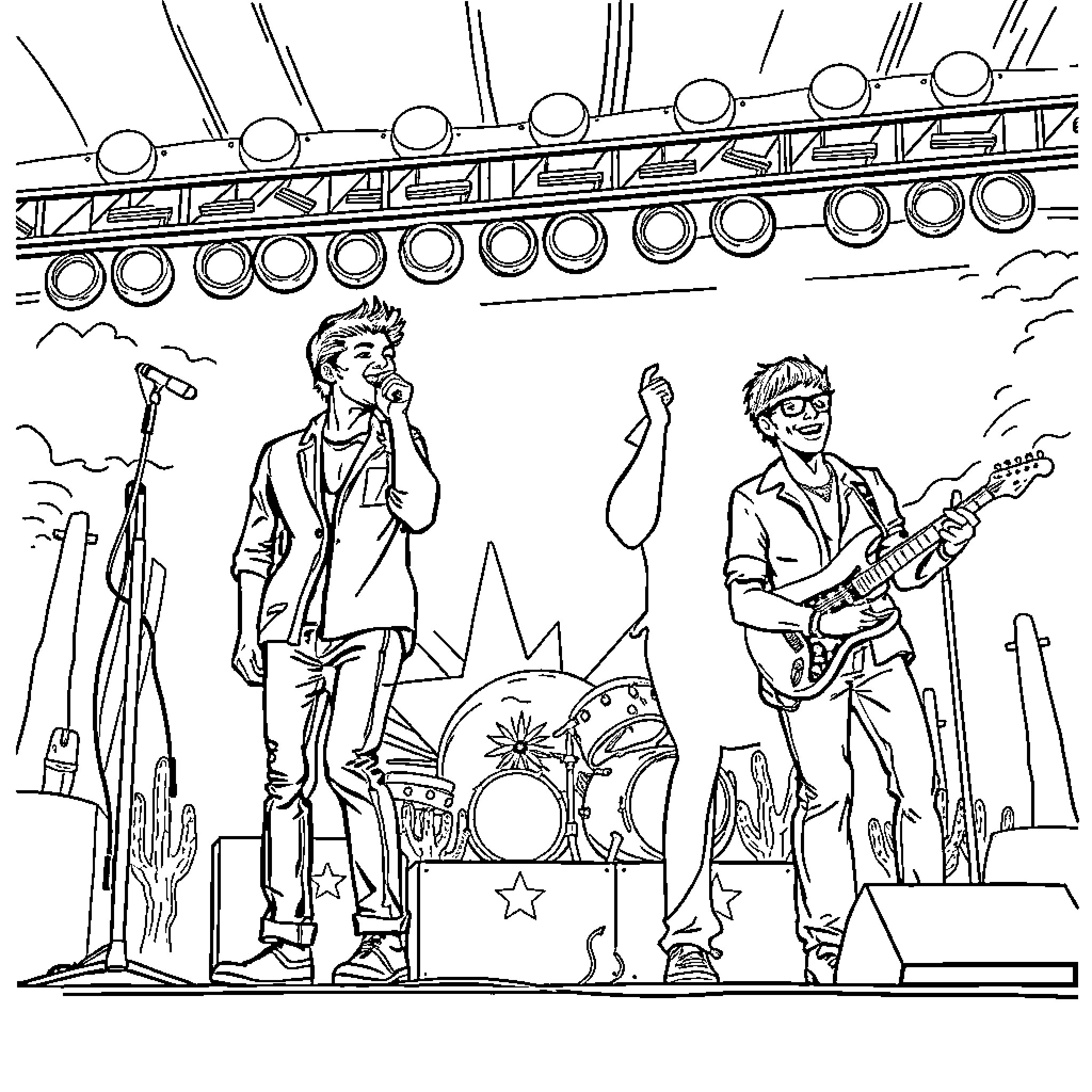 Backstreet Boys Performing on Stage Coloring Page (free black-and-white line drawing printable PDF for all, from beginners to advanced learners, including children, teens, adults, and seniors)