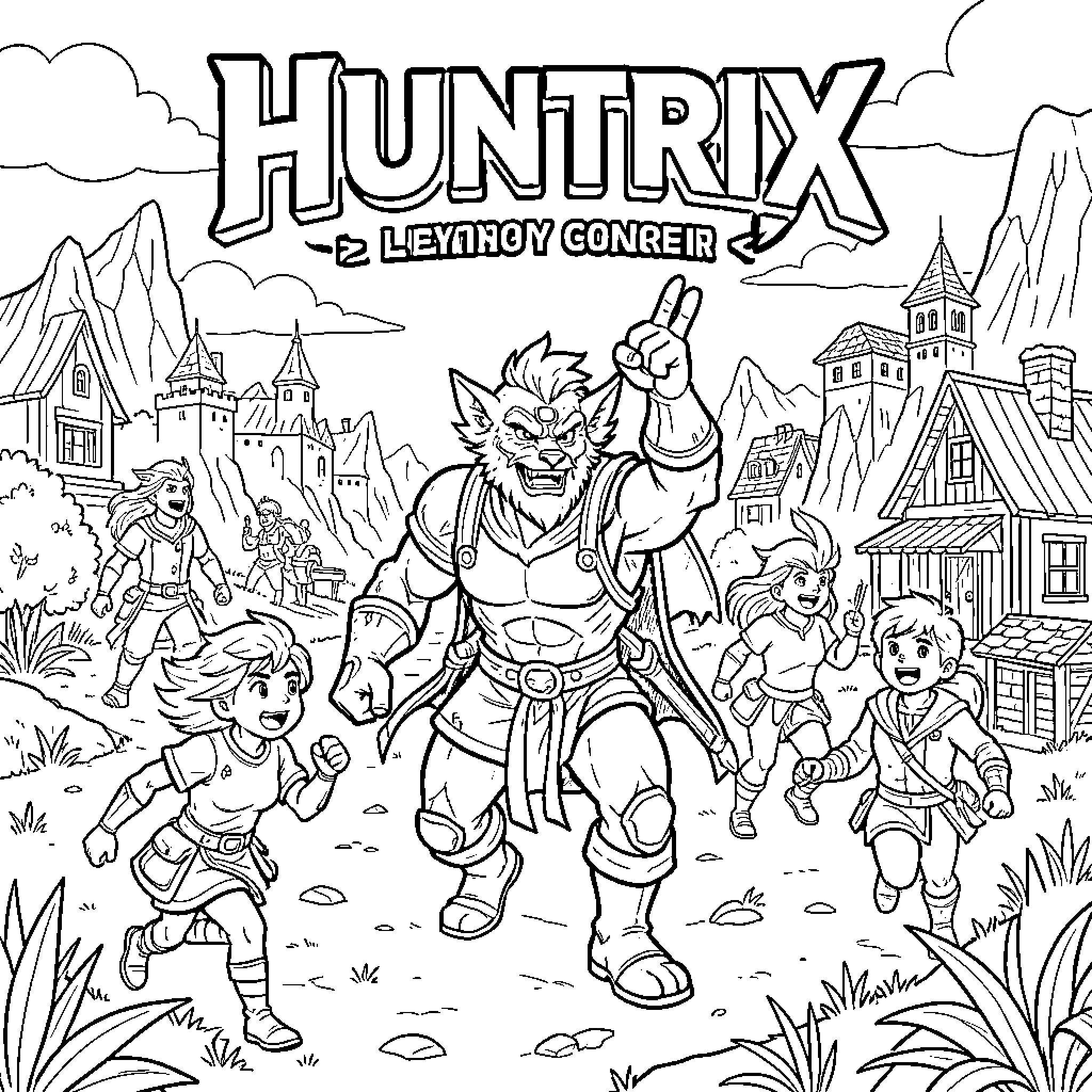 Huntrix: Heroic Warrior and Adventurous Companions Coloring Page (free black-and-white line drawing printable PDF for all, from beginners to advanced learners, including children, teens, adults, and seniors)
