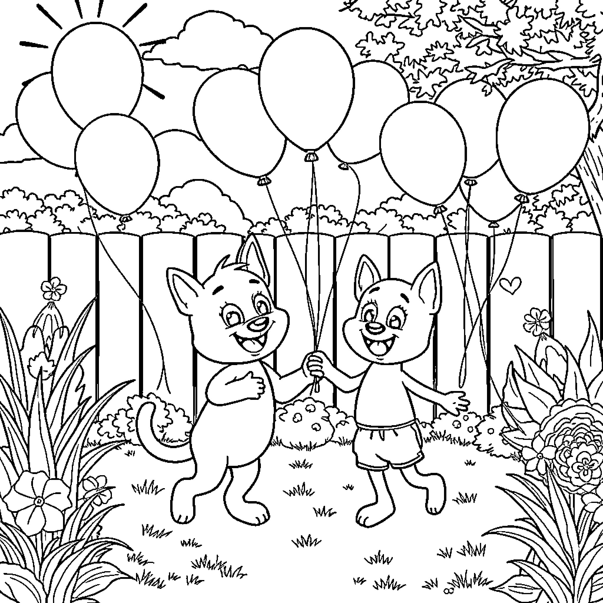 Bluey characters playing with balloons in nature Coloring Page (free black-and-white line drawing printable PDF for all, from beginners to advanced learners, including children, teens, adults, and seniors)