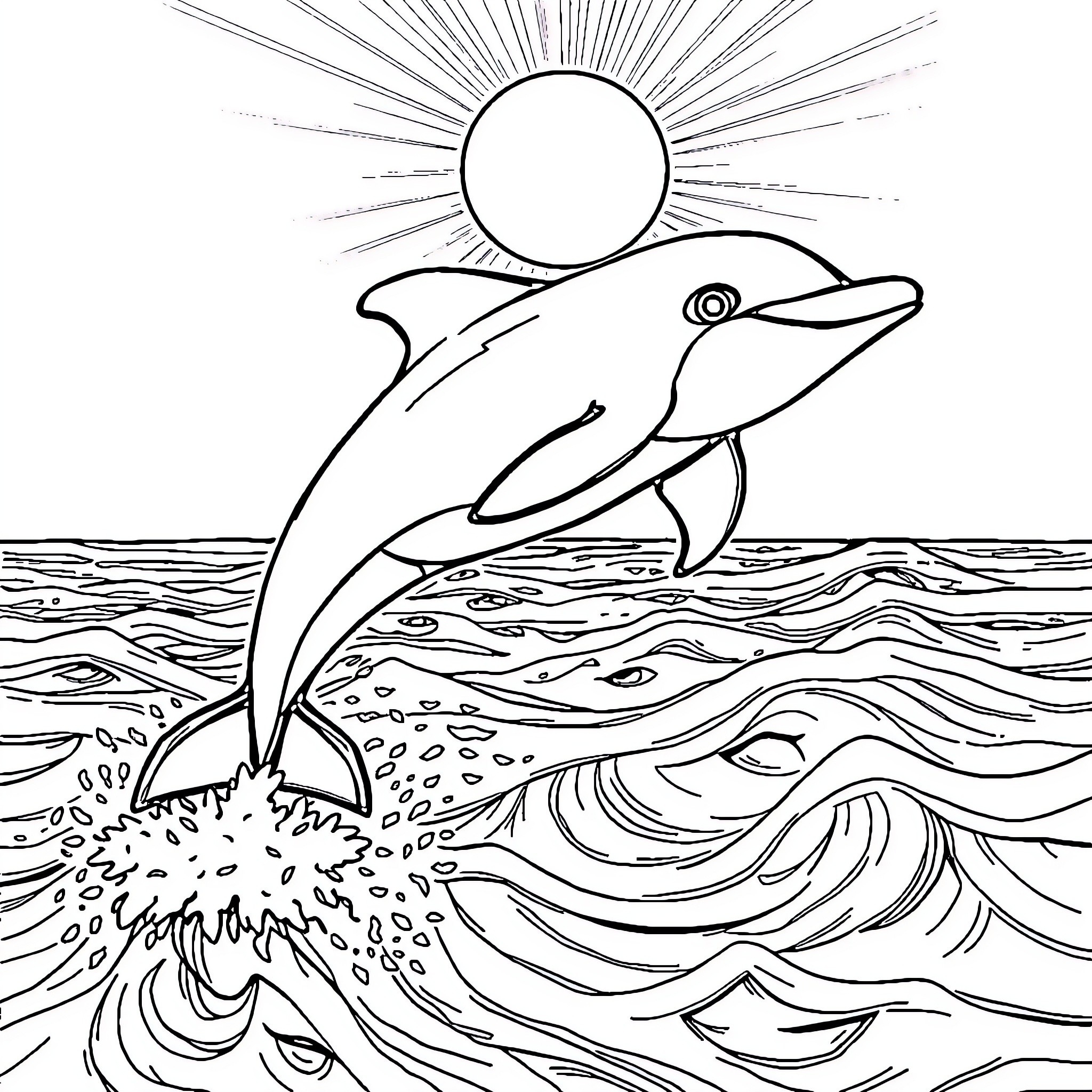 Dolphin jumping out of the ocean Coloring Page (free black-and-white line drawing printable PDF for all, from beginners to advanced learners, including children, teens, adults, and seniors)