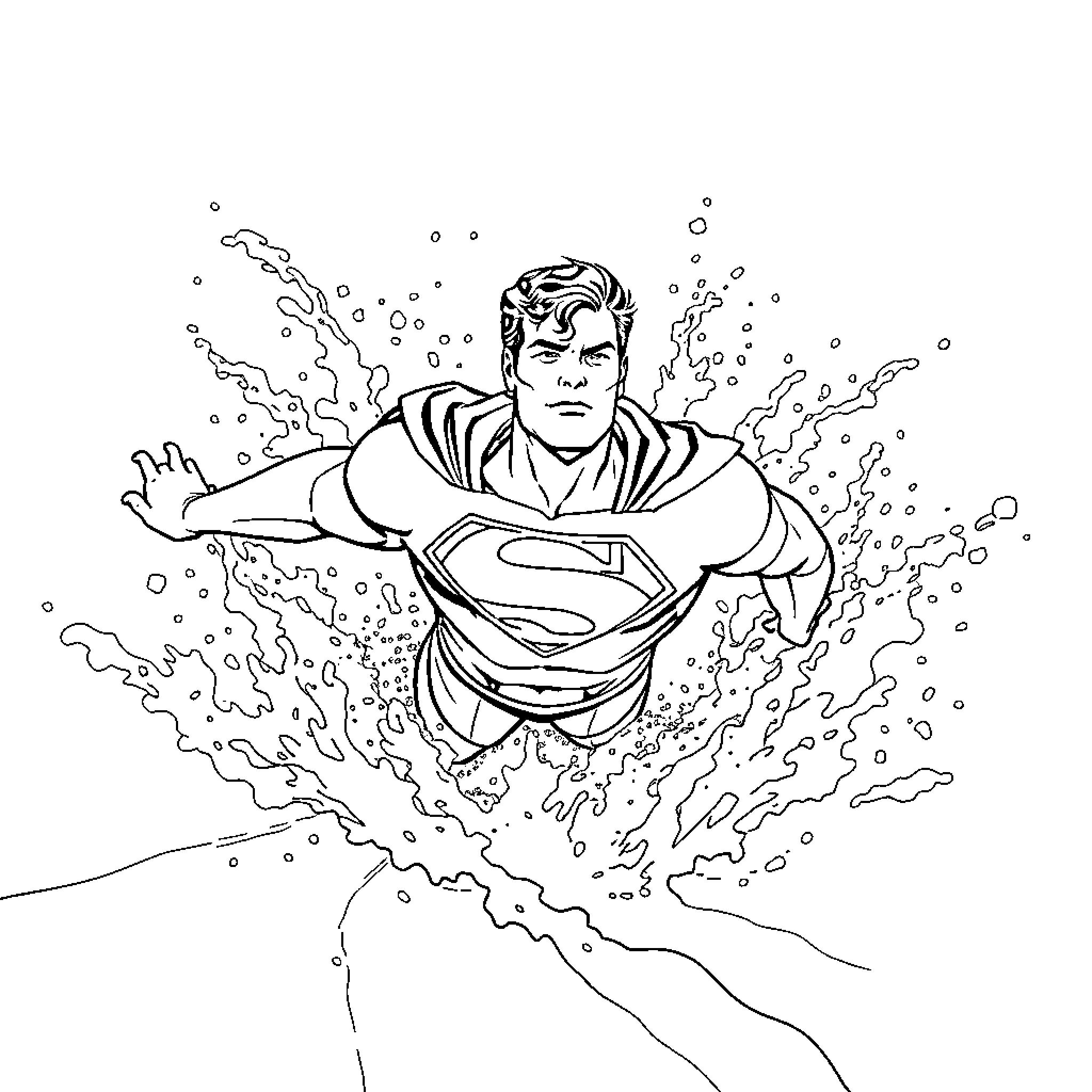 Superman bursting through water and snow Coloring Page (free black-and-white line drawing printable PDF for all, from beginners to advanced learners, including children, teens, adults, and seniors)