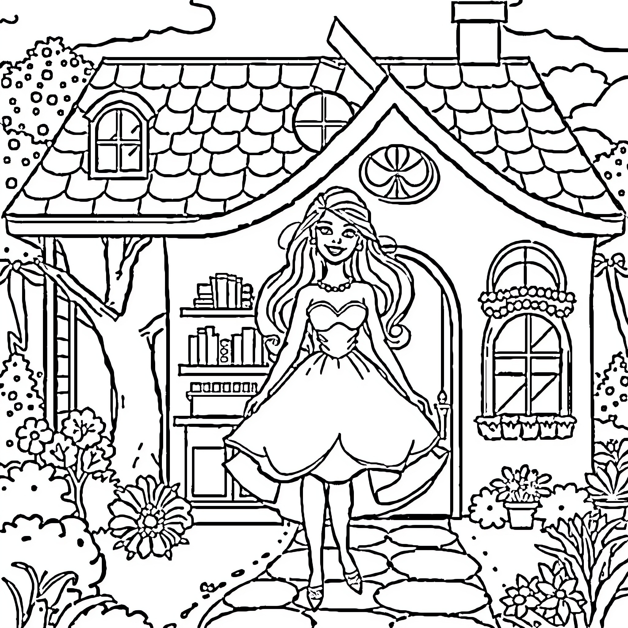 Barbie's Enchanting Cottage Getaway Coloring Page (free black-and-white line drawing printable PDF for all, from beginners to advanced learners, including children, teens, adults, and seniors)