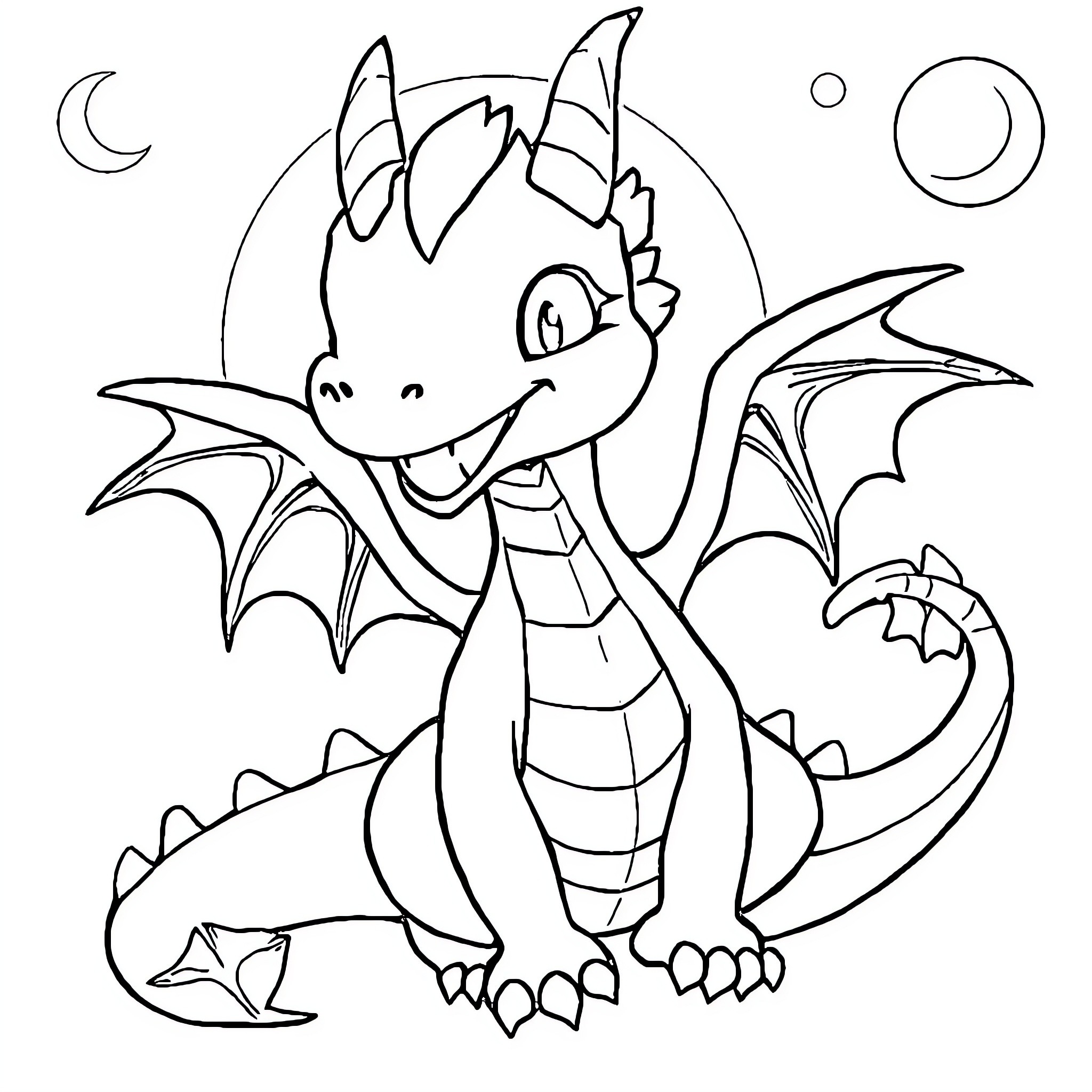 Night Fury Dragon Smiling Happily in Moonlight Coloring Page (free black-and-white line drawing printable PDF for all, from beginners to advanced learners, including children, teens, adults, and seniors)