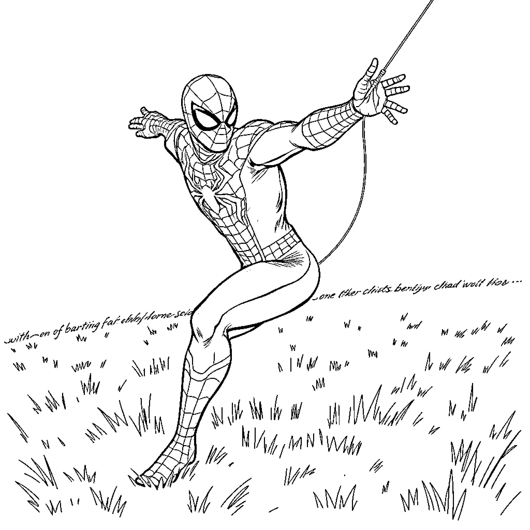 Spiderman swinging through a grassy field Coloring Page (free black-and-white line drawing printable PDF for all, from beginners to advanced learners, including children, teens, adults, and seniors)