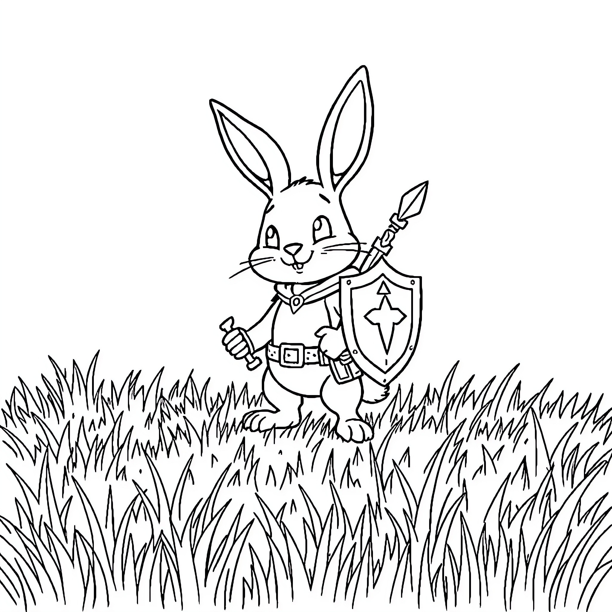 Bunny knight defending the grassy field Coloring Page (free black-and-white line drawing printable PDF for all, from beginners to advanced learners, including children, teens, adults, and seniors)