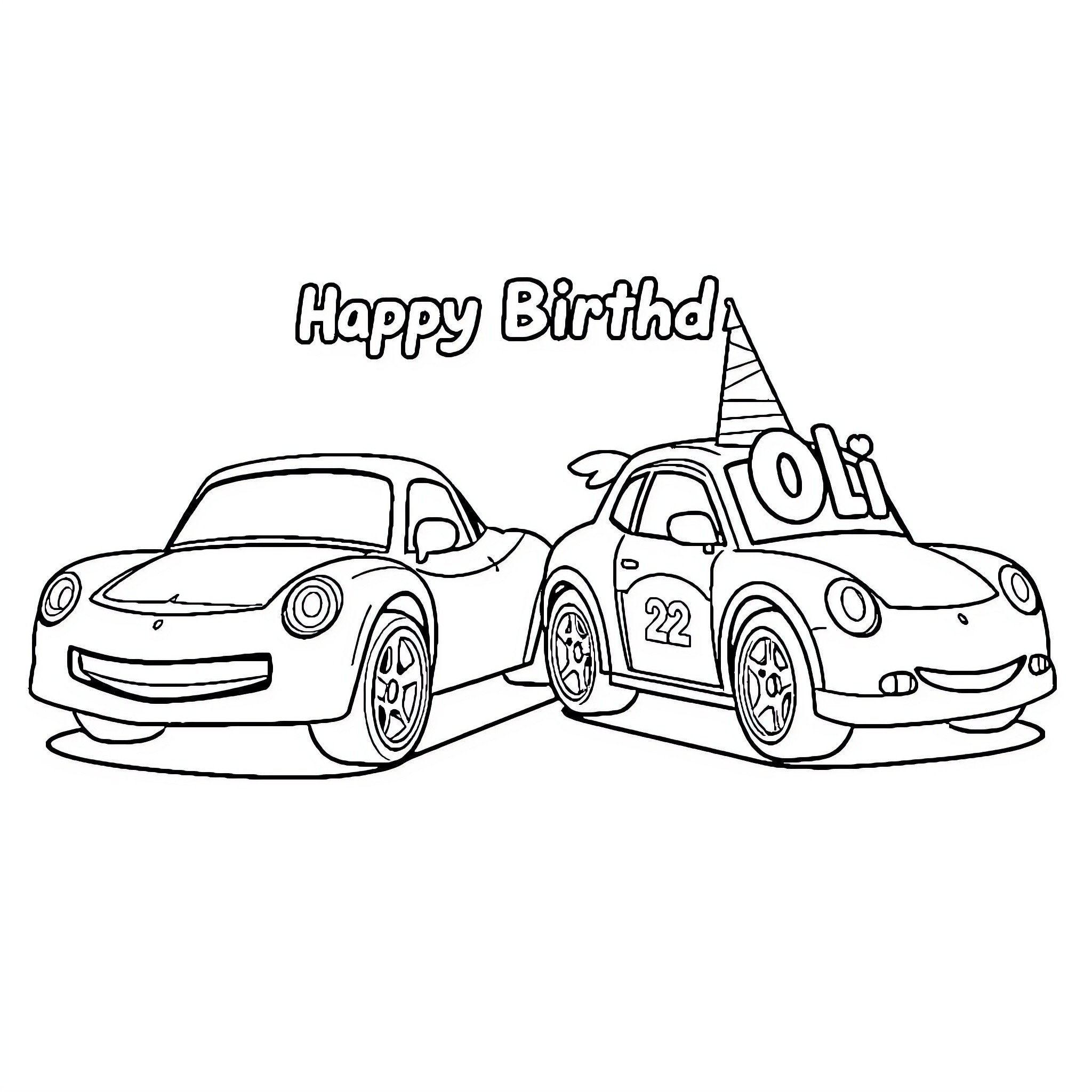 Hot Wheels racing to a Happy Birthday Coloring Page (free black-and-white line drawing printable PDF for all, from beginners to advanced learners, including children, teens, adults, and seniors)
