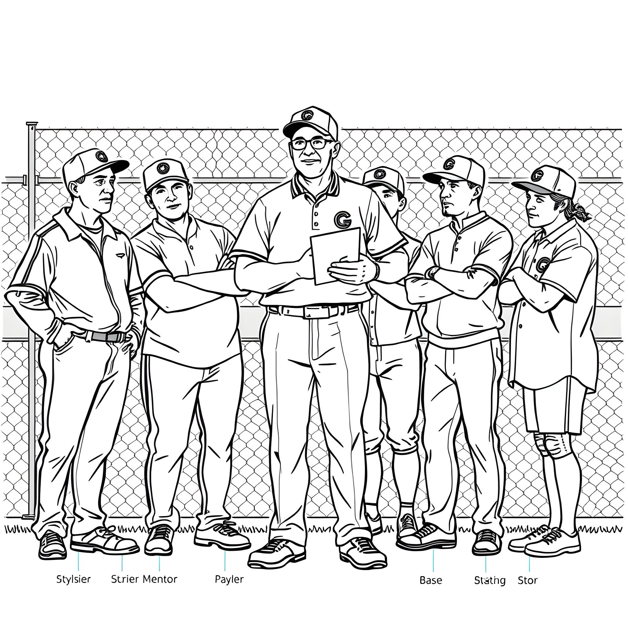 Baseball Coach Leading a Team of Players Coloring Page (free black-and-white line drawing printable PDF for all, from beginners to advanced learners, including children, teens, adults, and seniors)