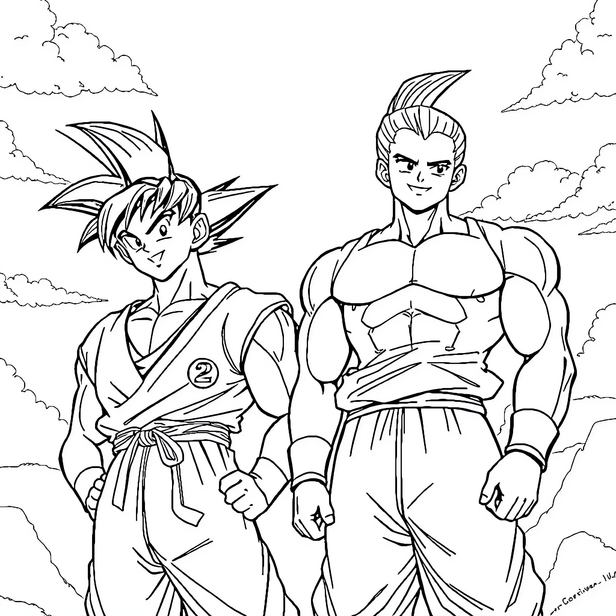 Son Goku and Gohan in combat stance Coloring Page (free black-and-white line drawing printable PDF for all, from beginners to advanced learners, including children, teens, adults, and seniors)