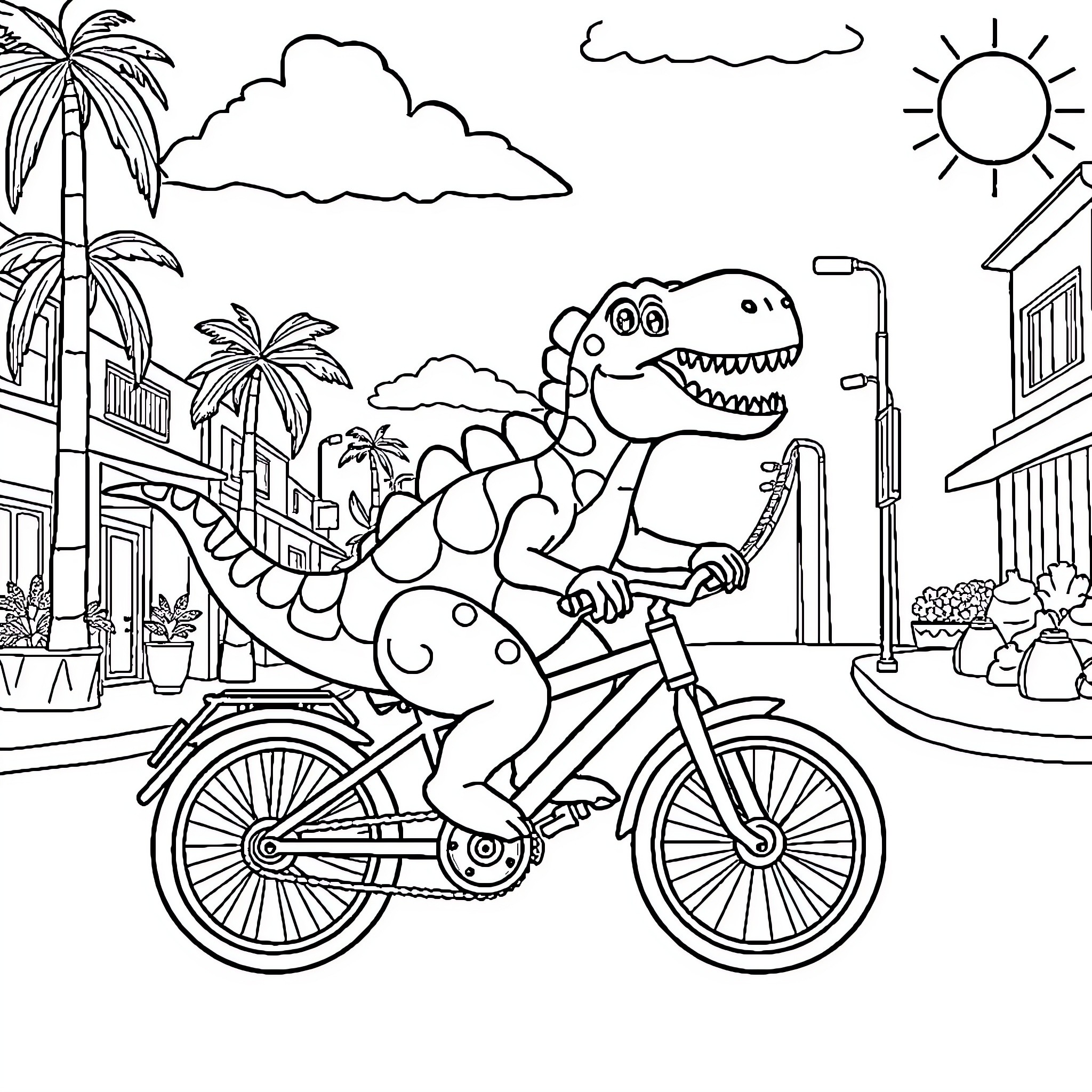 Dinosaur riding a bicycle in a tropical town Coloring Page (free black-and-white line drawing printable PDF for all, from beginners to advanced learners, including children, teens, adults, and seniors)