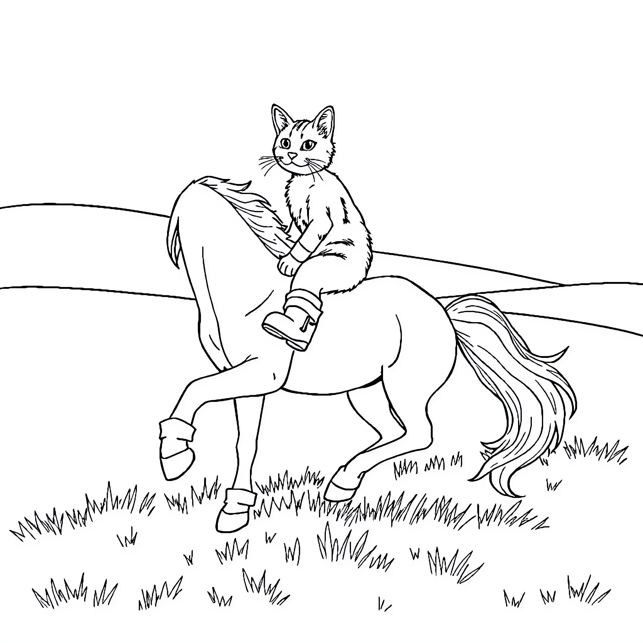 Gato riding joyfully on a unicorn through the meadow Coloring Page (free black-and-white line drawing printable PDF for all, from beginners to advanced learners, including children, teens, adults, and seniors)