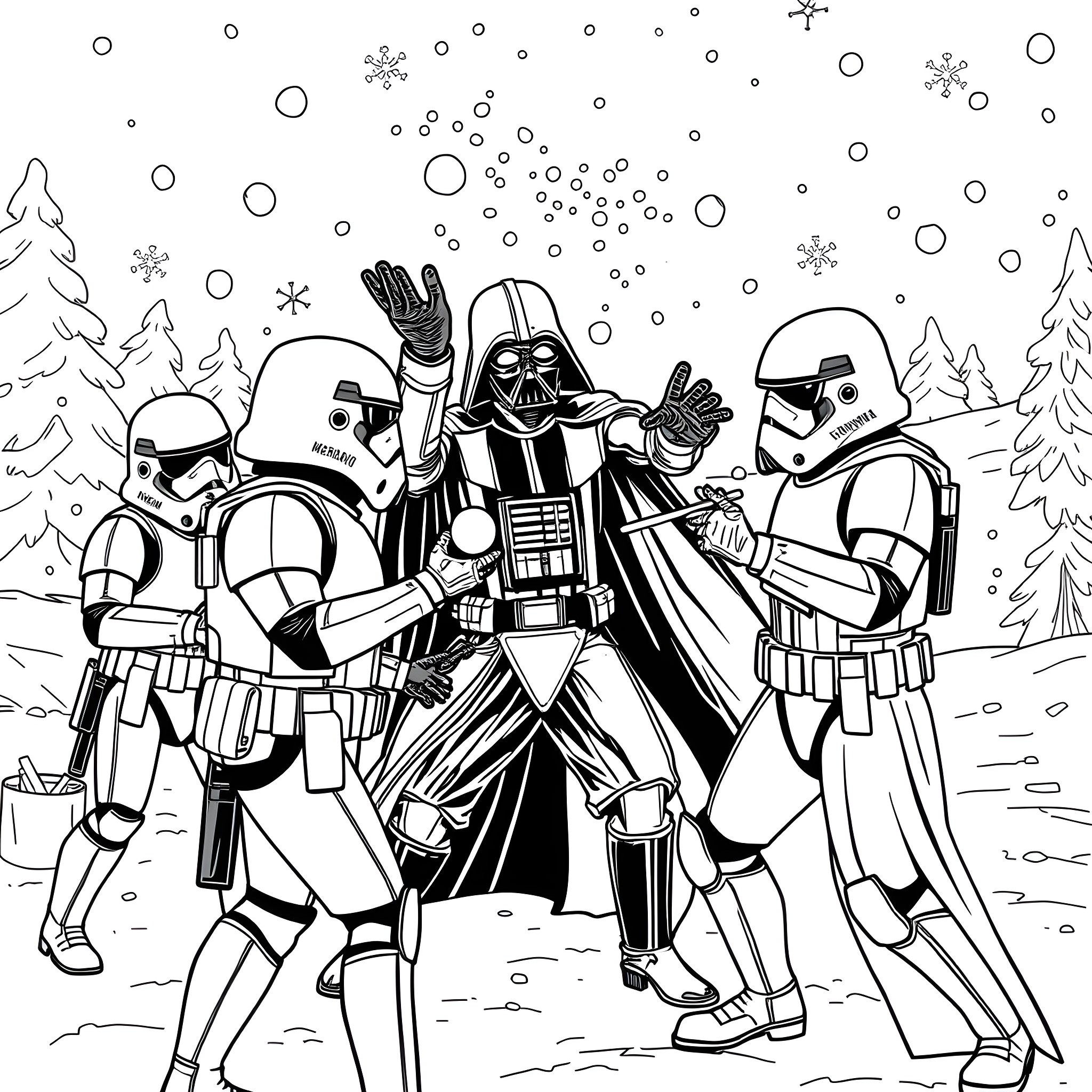 Stormtroopers Celebrate the Snowy Holidays Coloring Page (free black-and-white line drawing printable PDF for all, from beginners to advanced learners, including children, teens, adults, and seniors)